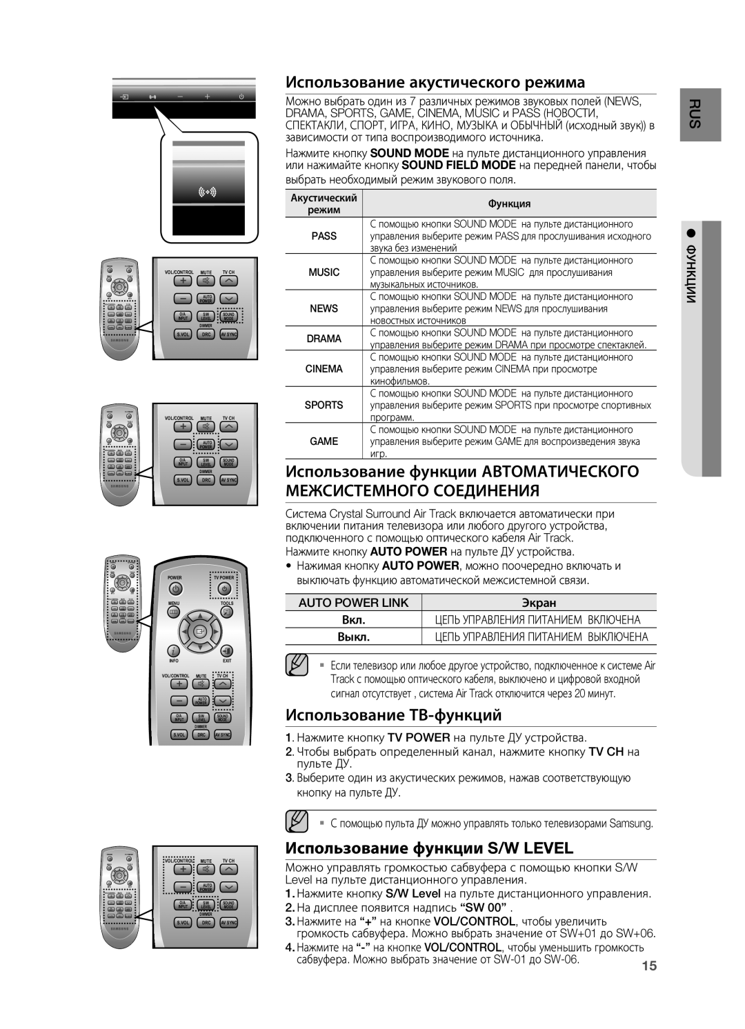 Samsung HW-C450/XER manual Выбрать необходимый режим звукового поля, Auto Power Link, Экран, Вкл, Ции унк 