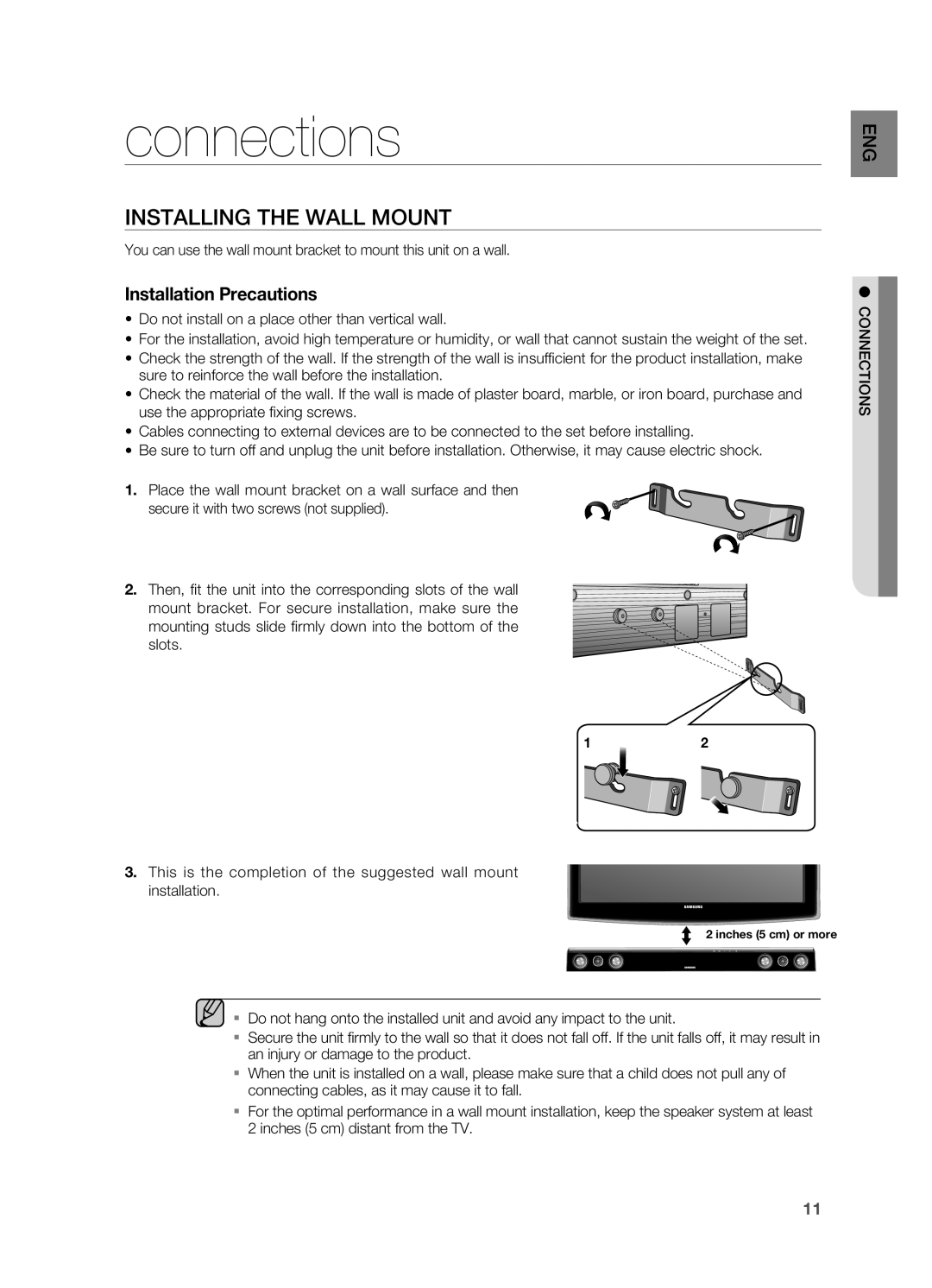 Samsung HW-C450/XER manual Connections, INSTAllING the WAll Mount 