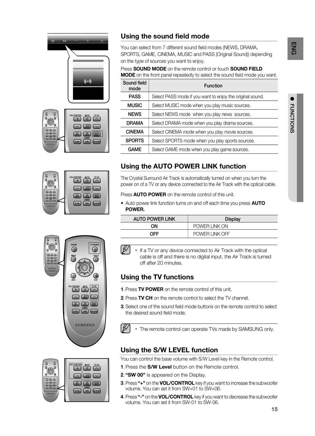 Samsung HW-C450/XER manual Using the sound field mode, Using the Auto Power Link function, Using the TV functions 