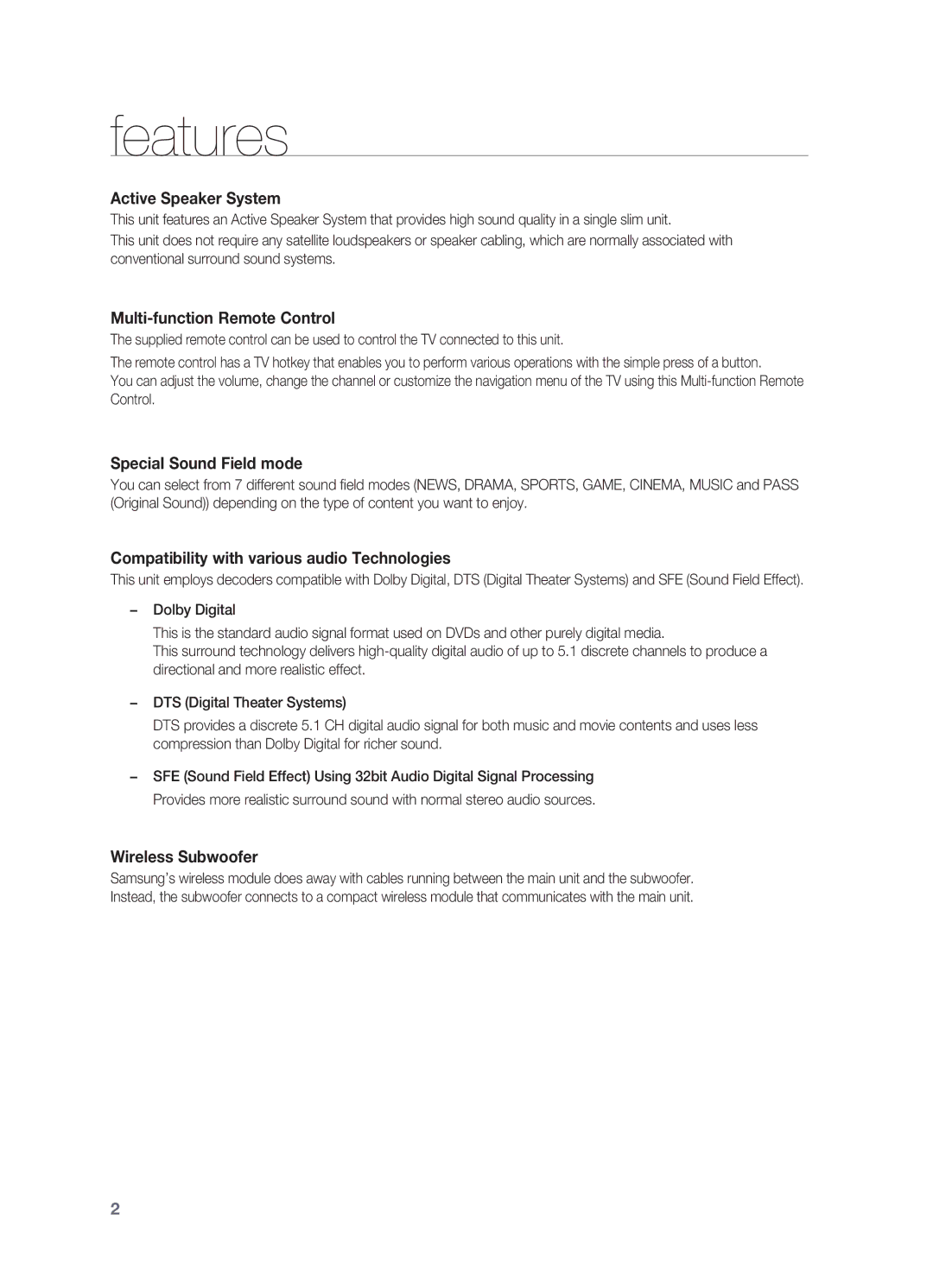 Samsung HW-C450/XER manual Features, Active Speaker System 