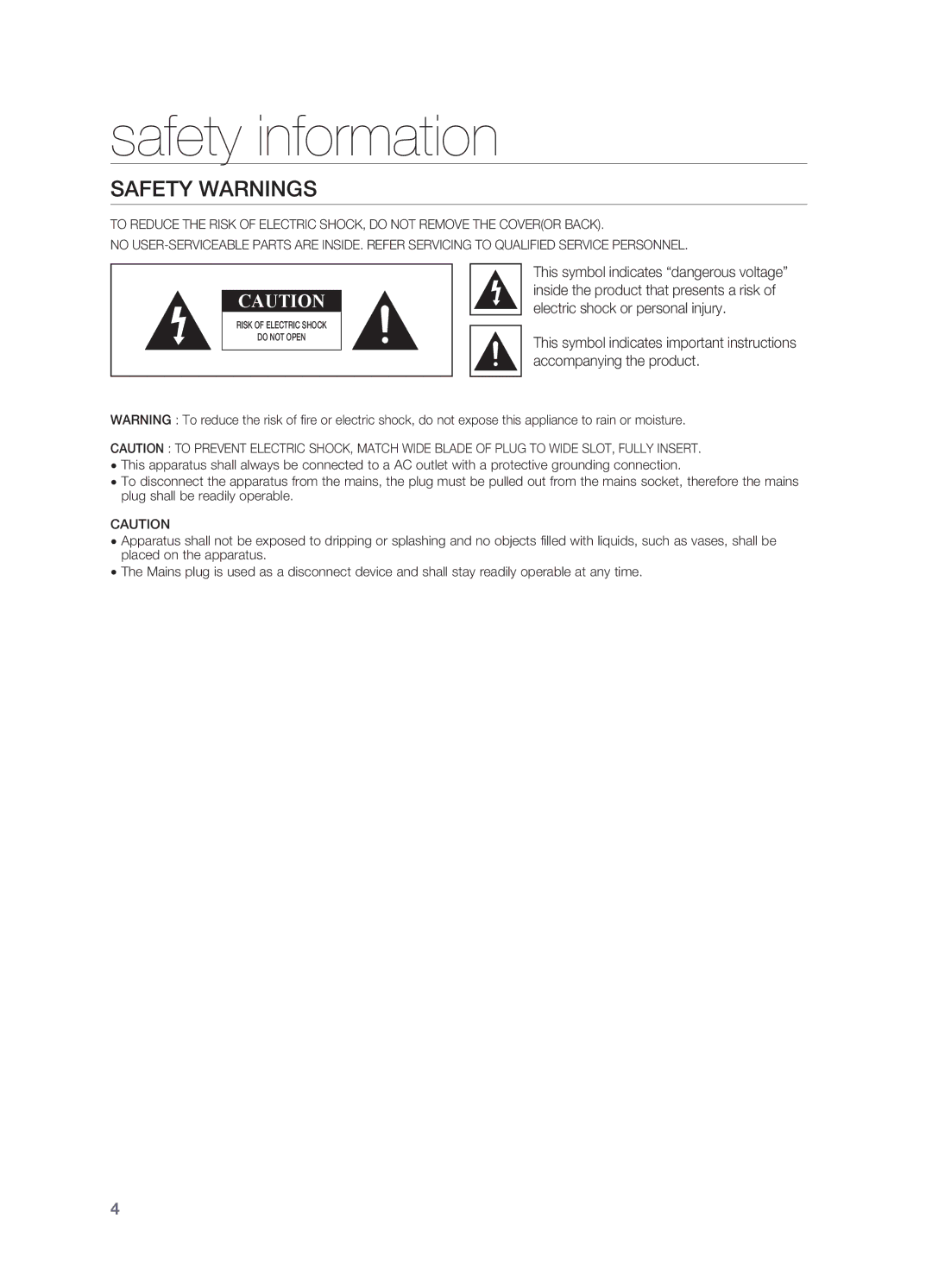 Samsung HW-C450/XER manual Safety information, Safety Warnings 