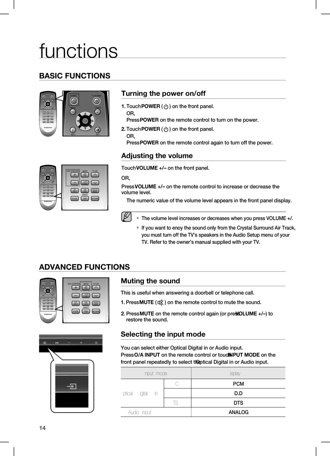 Samsung AH68-02273S Functions, Turning the power on/off, Adjusting the volume, Muting the sound, Selecting the input mode 