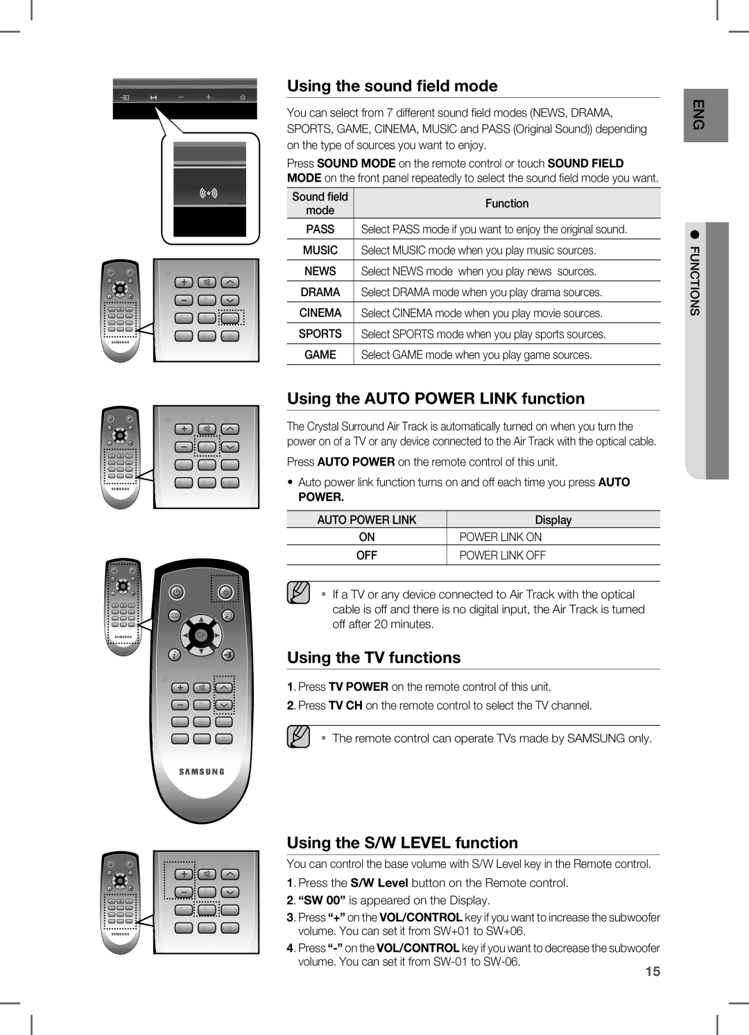 Samsung HW-C451, HW-C450 user manual Using the sound field mode, Using the Auto Power Link function, Using the TV functions 