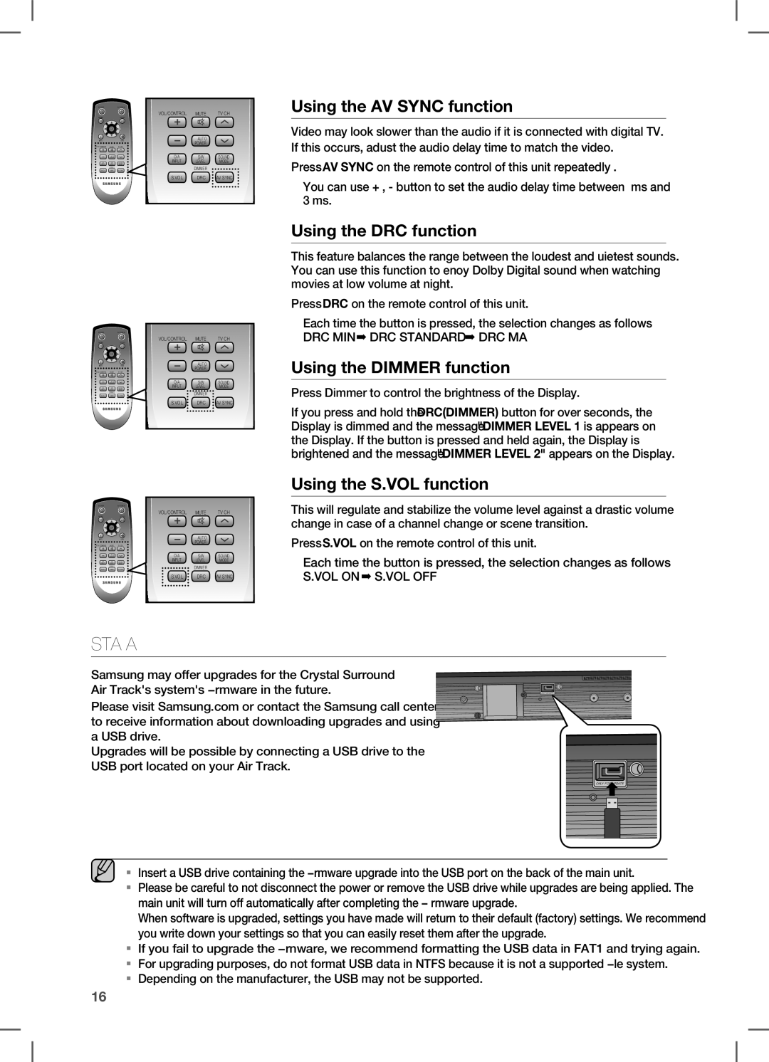 Samsung HW-C450 Using the AV Sync function, Using the DRC function, Using the Dimmer function, Using the S.VOL function 