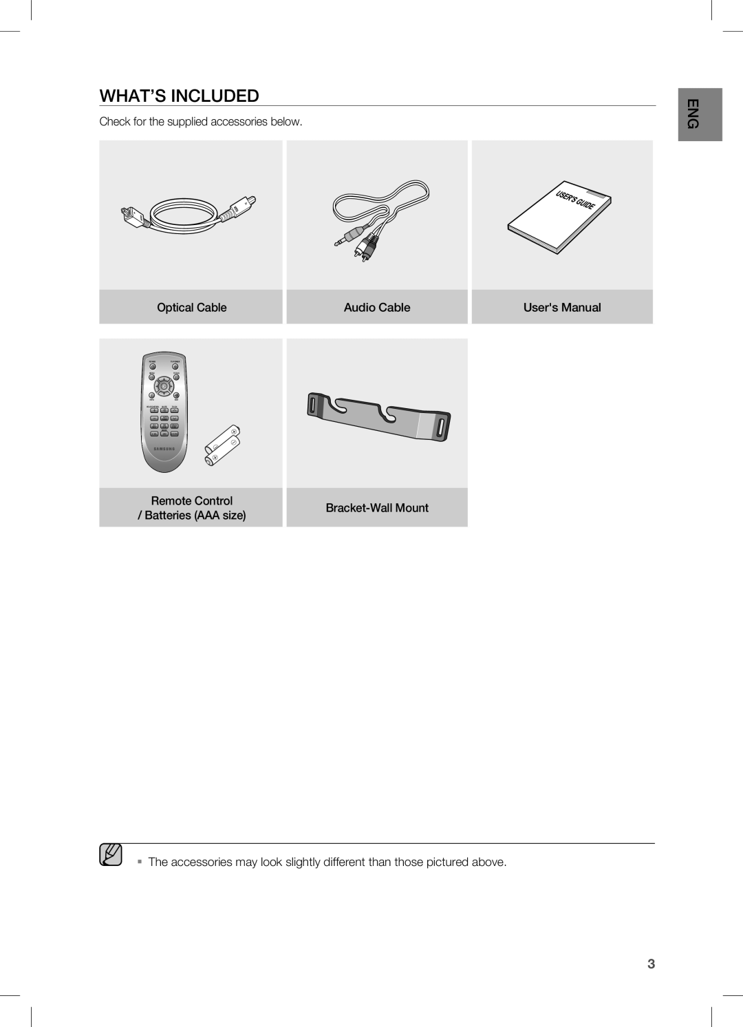 Samsung HW-C451, HW-C450, AH68-02273S user manual WHAT’s inclUDED, Optical Cable Audio Cable 