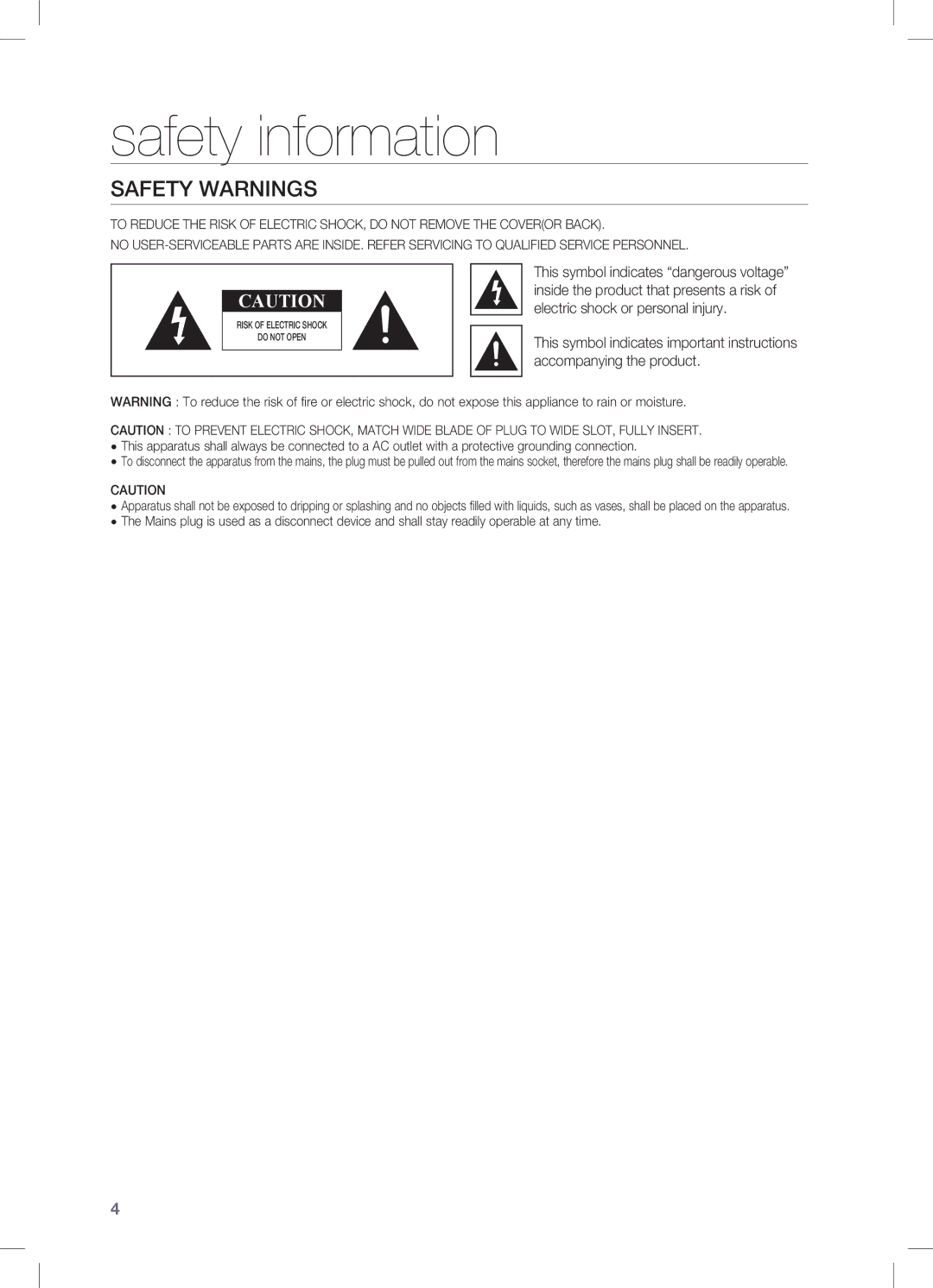 Samsung HW-C450, HW-C451, AH68-02273S user manual Safety information, Safety Warnings 