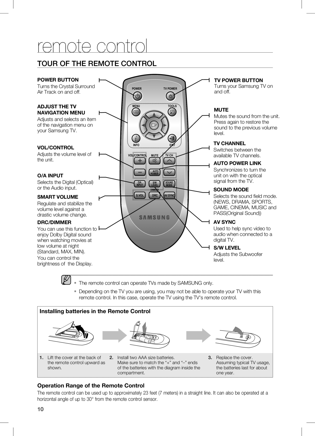 Samsung HW-C450, HW-C451 user manual remote control, Tour of the Remote Control, Installing batteries in the Remote Control 