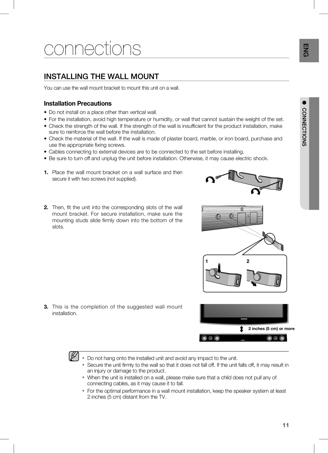 Samsung AH68-02273S, HW-C451, HW-C450 user manual connections, INSTAllING THE WAll MOUNT, Installation Precautions 