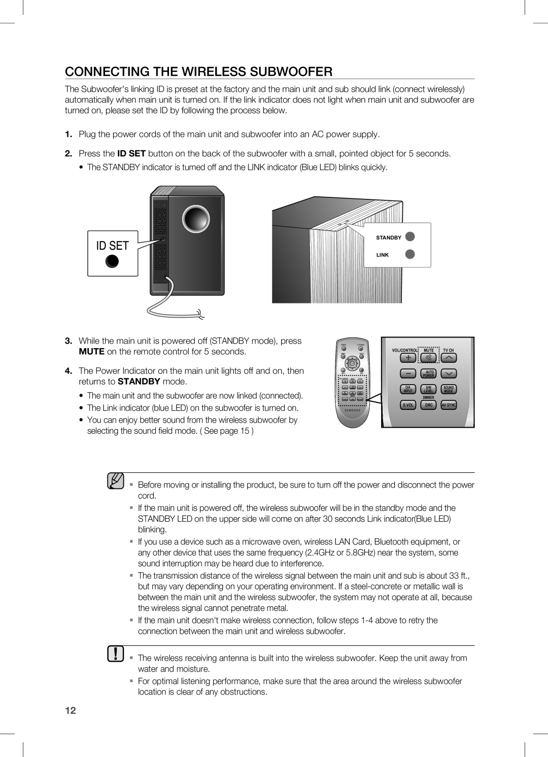 Samsung HW-C451, HW-C450, AH68-02273S user manual CONNECTING THE WIrElESS SUBWOOFEr, Standby Link 