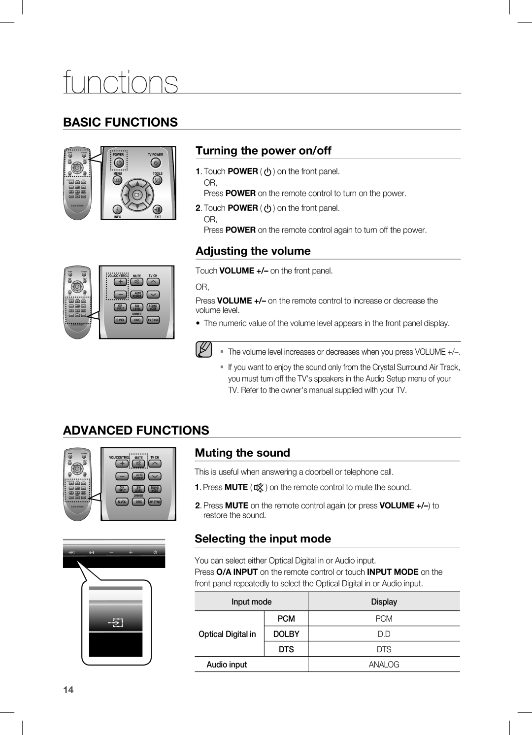 Samsung AH68-02273S, HW-C451 basic functions, advanced functions, Turning the power on/off, Adjusting the volume 