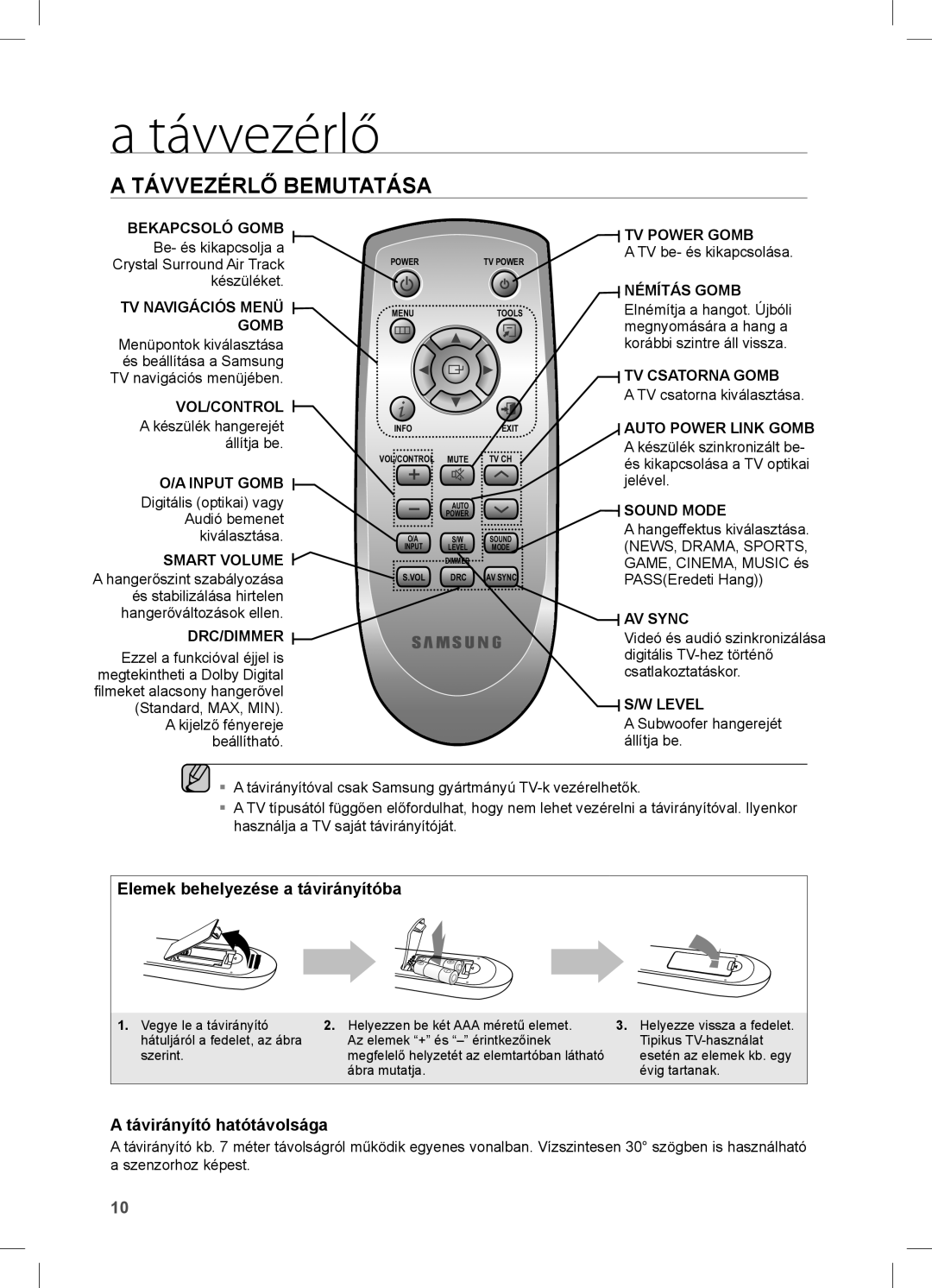 Samsung HW-C470/EDC, HW-C470/XEE Távvezérlő Bemutatása, Elemek behelyezése a távirányítóba, Távirányító hatótávolsága 