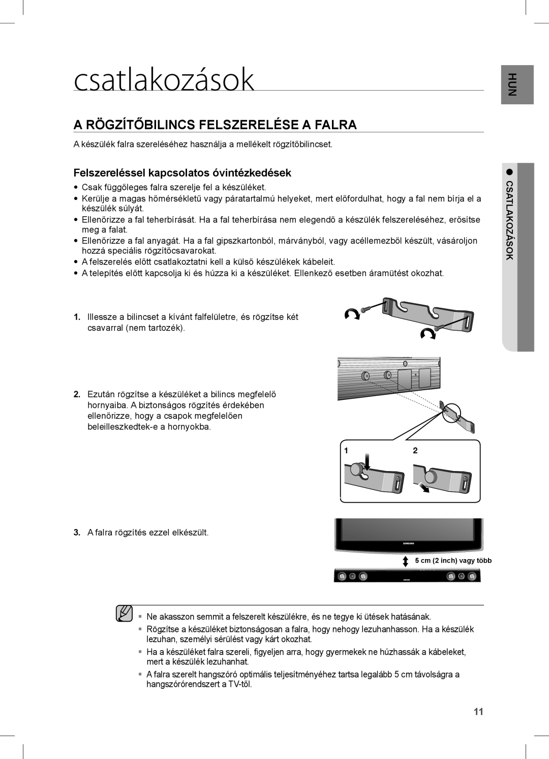 Samsung HW-C470/XEE, HW-C470/EDC manual Csatlakozások, Rögzítőbilincs Felszerelése a Falra 