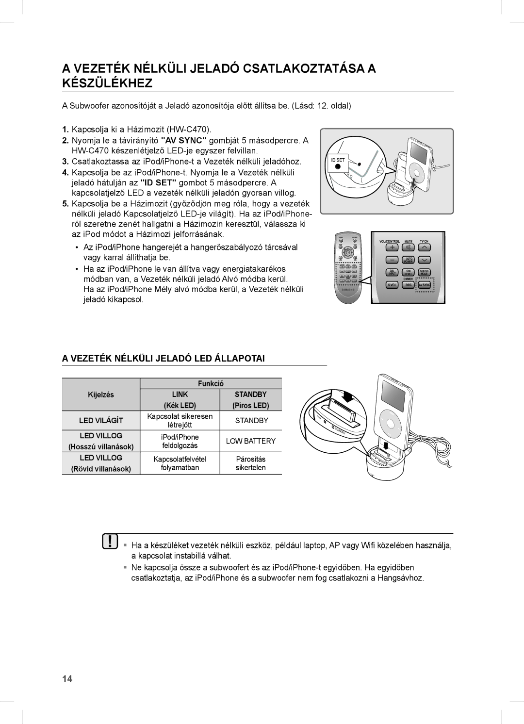 Samsung HW-C470/EDC manual Vezeték NÉLKüLI jELADó LED Állapotai, Az iPod/iPhone hangerejét a hangerőszabályozó tárcsával 