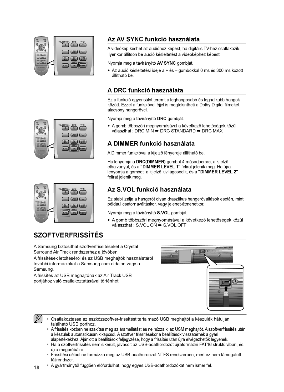 Samsung HW-C470/EDC Szoftverfrissítés, Az AV Sync funkció használata, DRC funkció használata, Dimmer funkció használata 