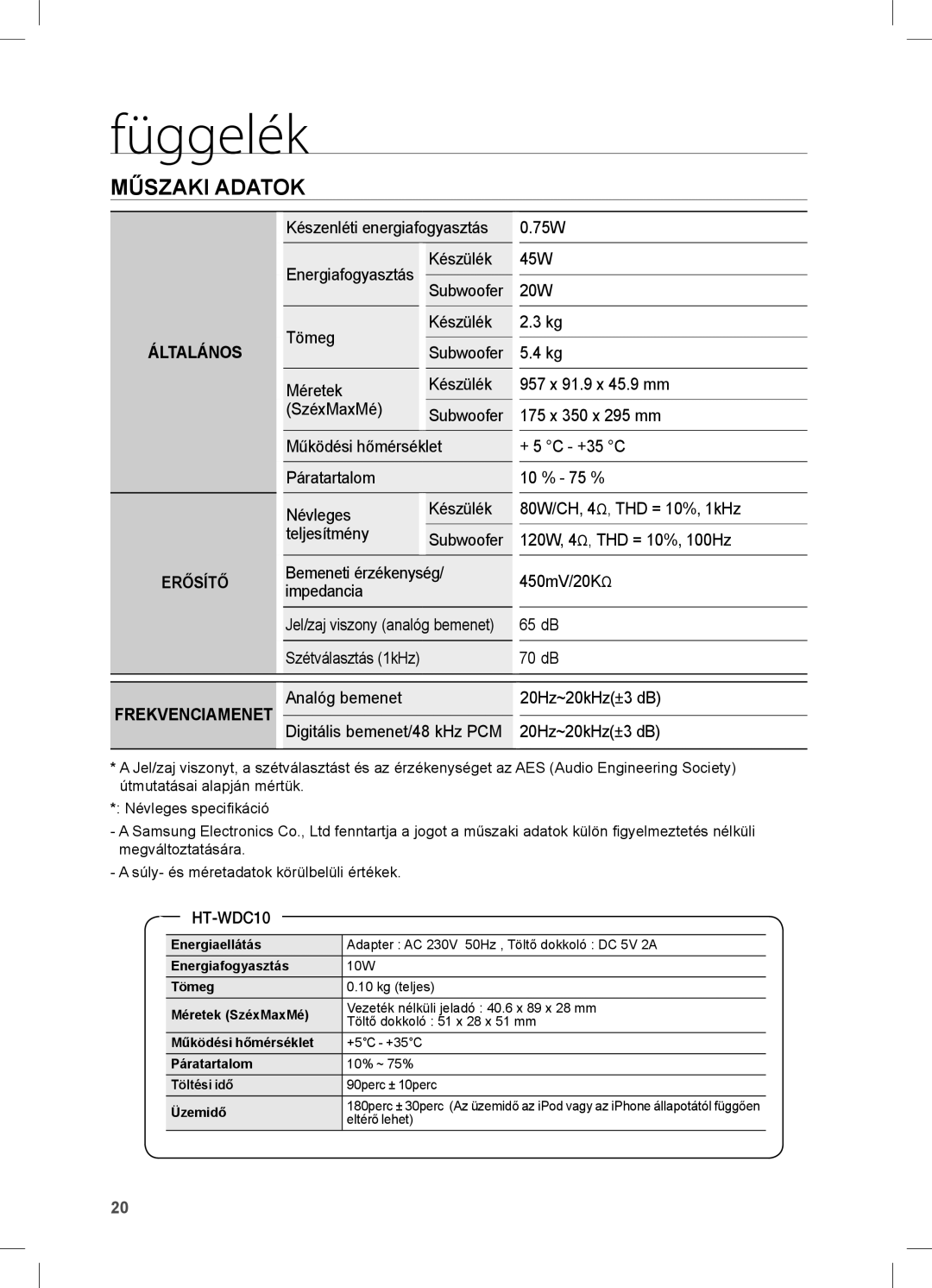 Samsung HW-C470/EDC, HW-C470/XEE manual Függelék, Műszaki Adatok 