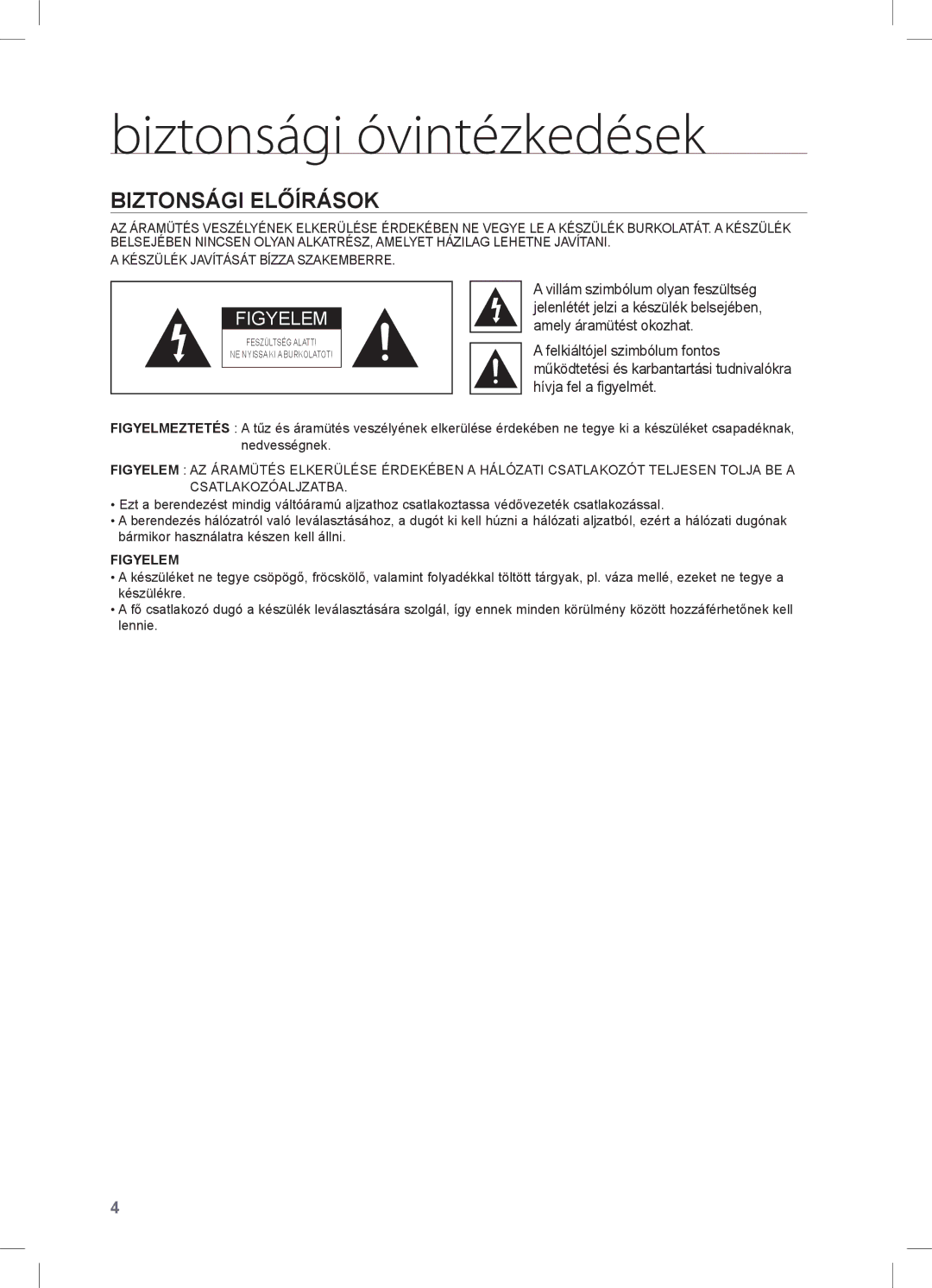 Samsung HW-C470/EDC, HW-C470/XEE manual Biztonsági óvintézkedések, Biztonsági Előírások 