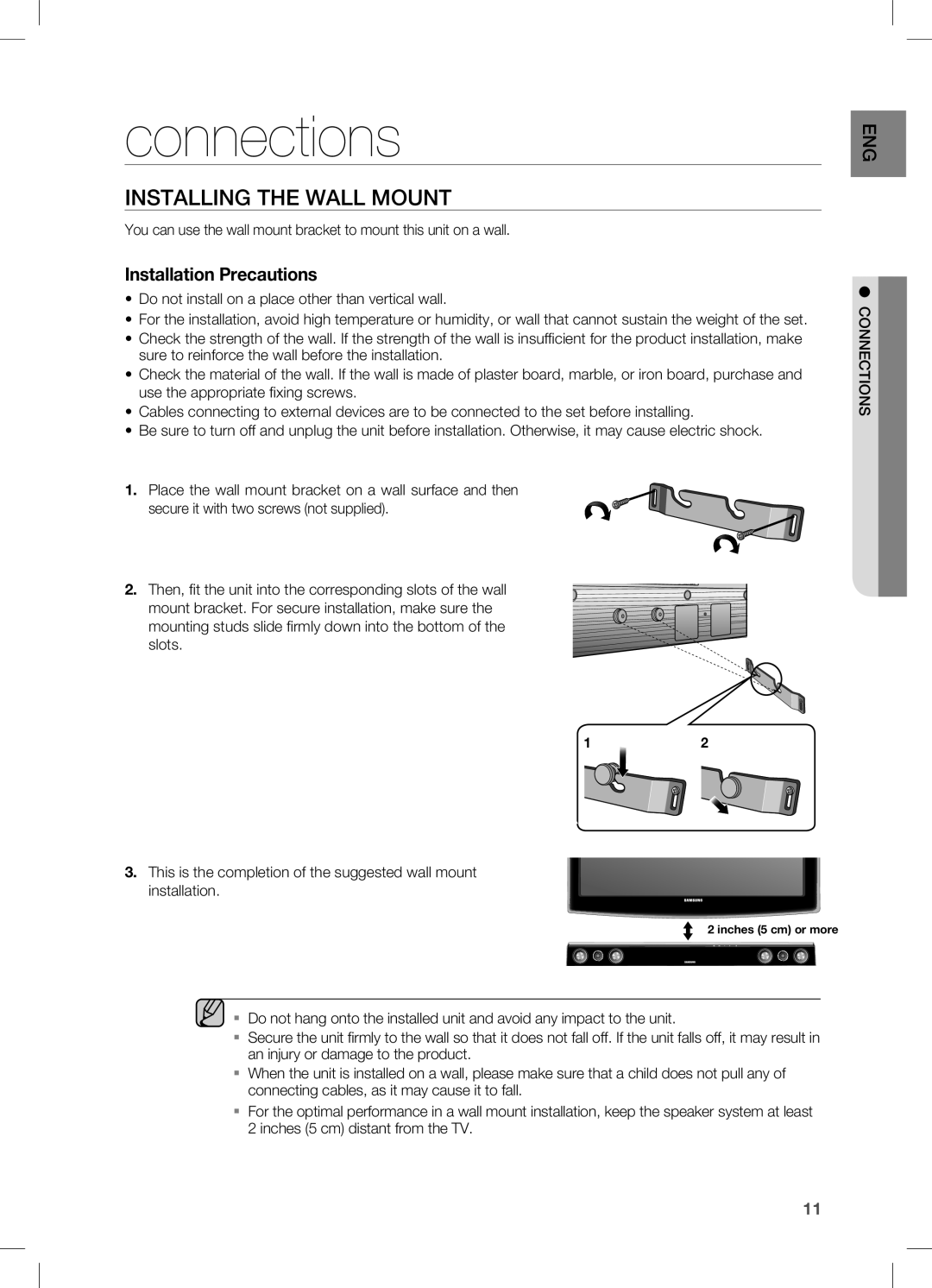 Samsung HW-C470/XEE, HW-C470/EDC, HW-C470/XEF manual Connections, INSTAllING the WAll Mount 