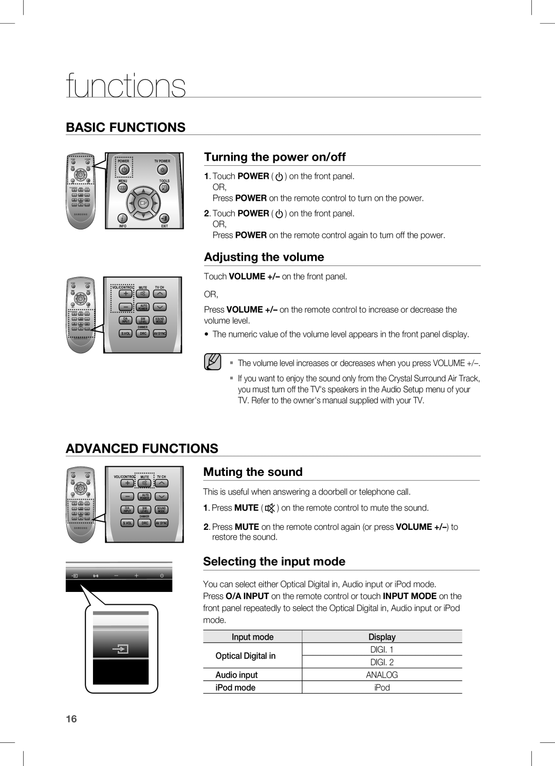 Samsung HW-C470/XEF Functions, Turning the power on/off, Adjusting the volume, Muting the sound, Selecting the input mode 