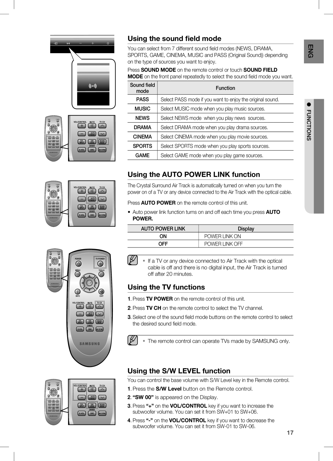 Samsung HW-C470/XEE, HW-C470/EDC Using the sound field mode, Using the Auto Power Link function, Using the TV functions 