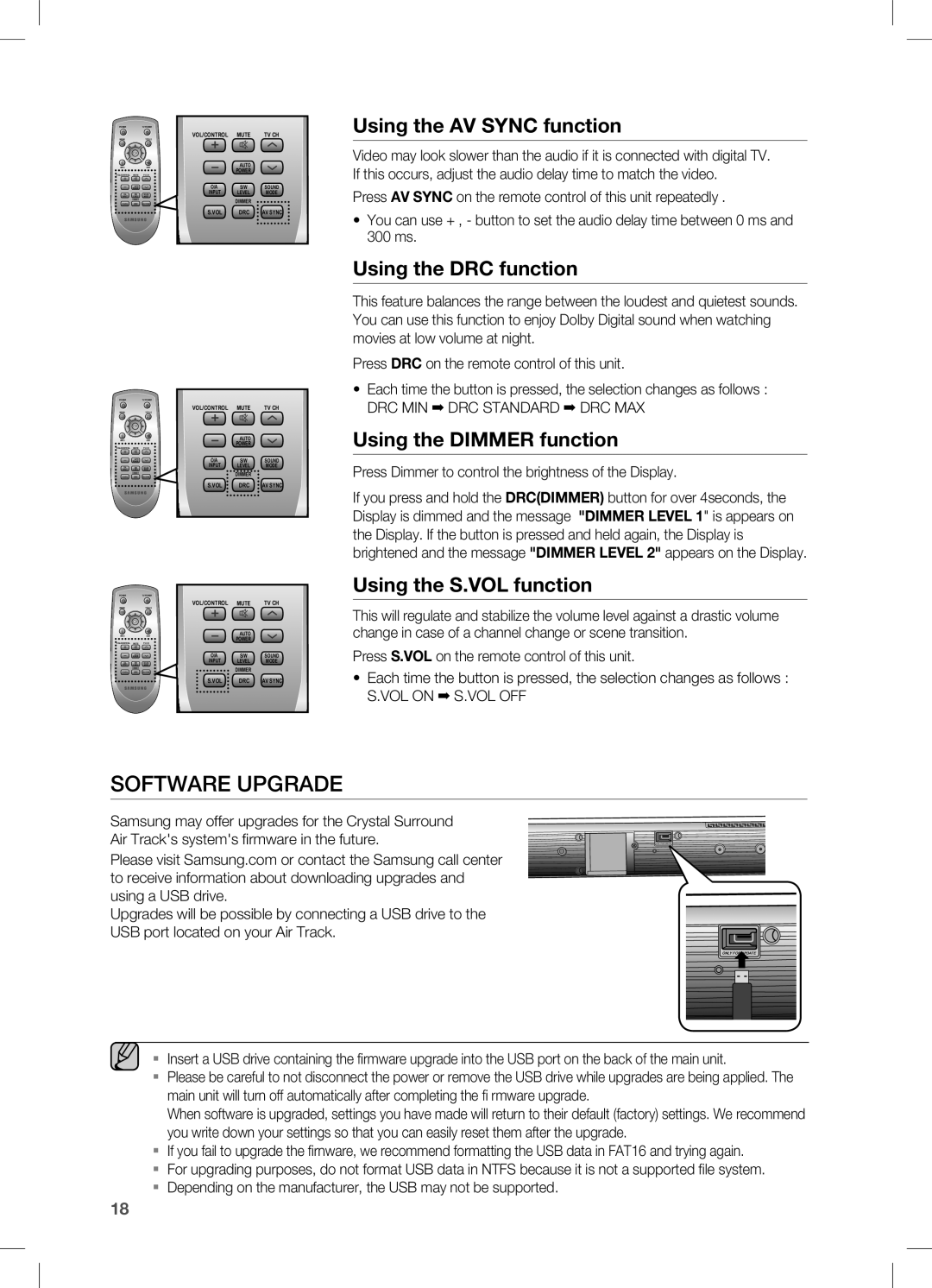 Samsung HW-C470/EDC, HW-C470/XEF, HW-C470/XEE Using the AV Sync function, Using the DRC function, Using the Dimmer function 