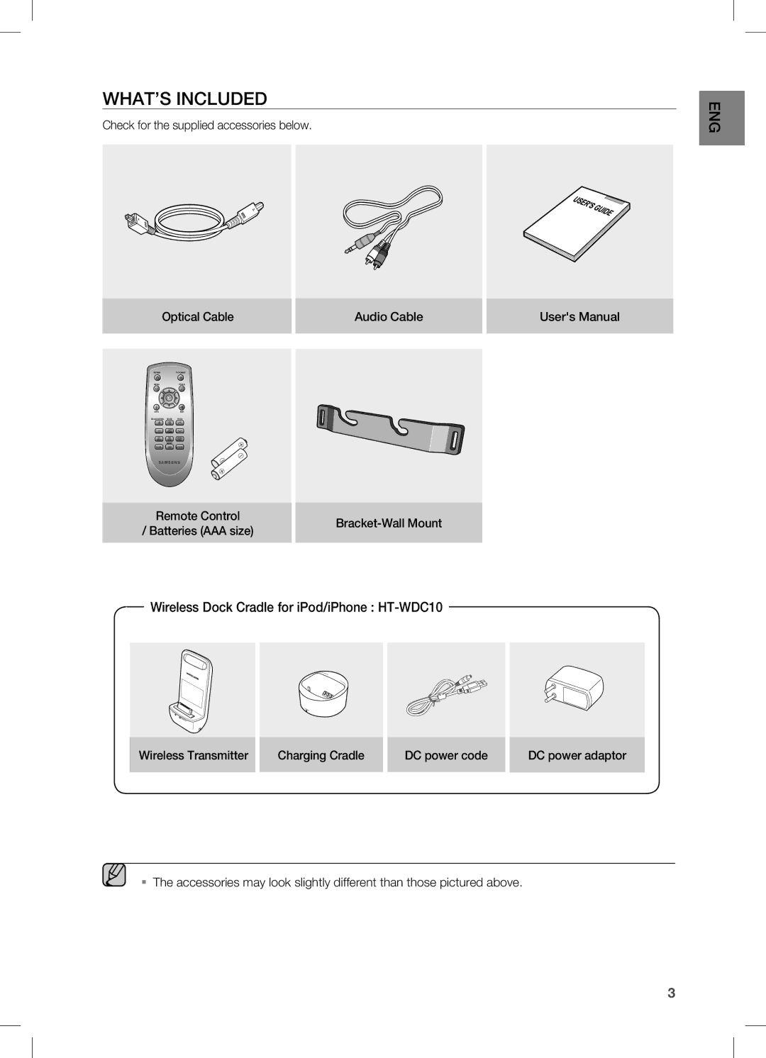 Samsung HW-C470/EDC, HW-C470/XEF, HW-C470/XEE manual WHAT’s inclUDED, Wireless Dock Cradle for iPod/iPhone HT-WDC10 