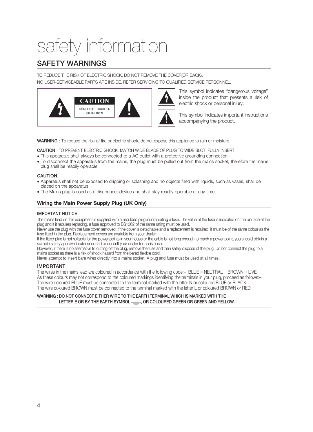 Samsung HW-C470/XEF, HW-C470/EDC, HW-C470/XEE manual Safety information, Safety Warnings 