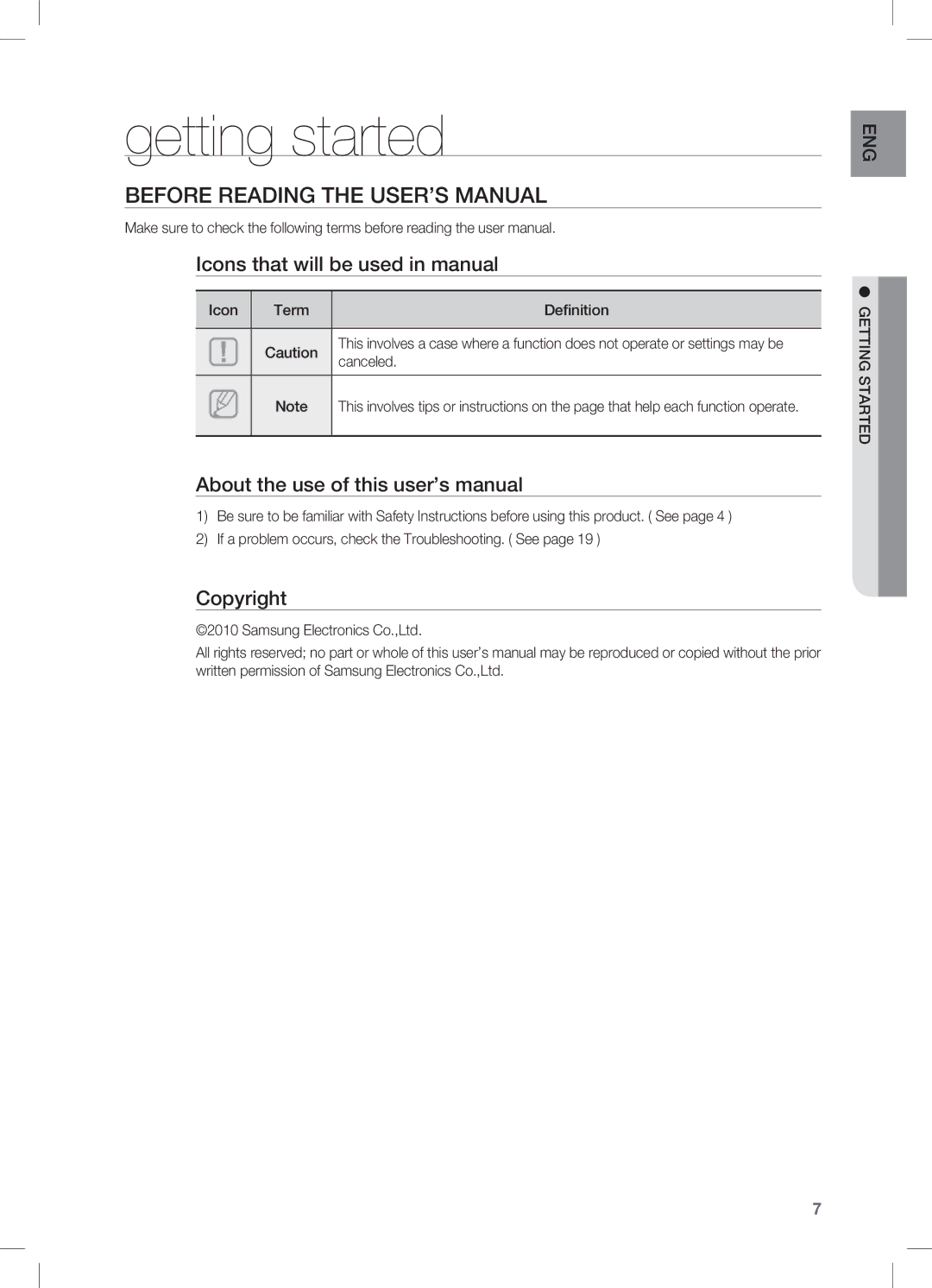 Samsung HW-C470/XEF, HW-C470/EDC, HW-C470/XEE manual Getting started, Before Reading the User’s Manual 