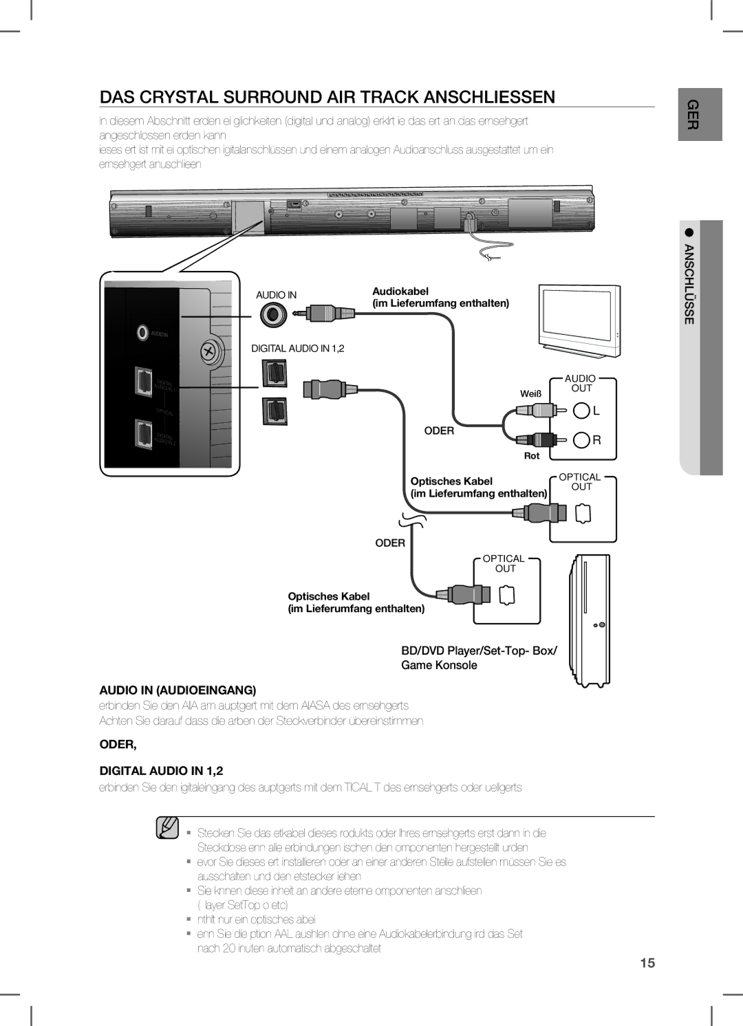 Samsung HW-C470/XEF, HW-C470/EDC manual DAS Crystal Surround AIR Track Anschliessen, BD/DVD Player/Set-Top- Box Game Konsole 