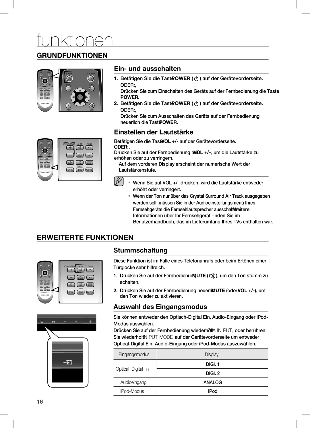 Samsung HW-C470/EDC Funktionen, Ein- und ausschalten, Einstellen der Lautstärke, Stummschaltung, Auswahl des Eingangsmodus 