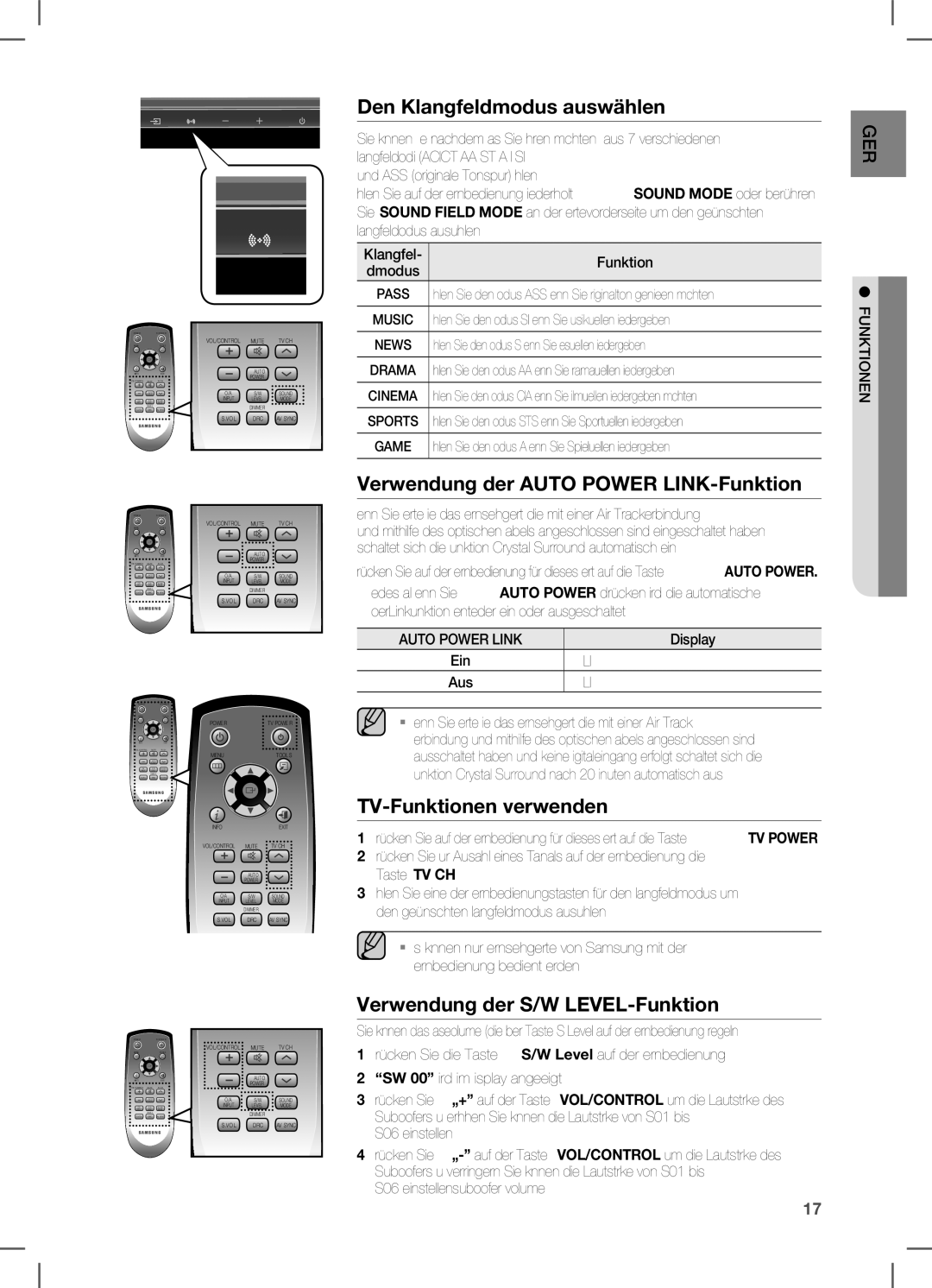 Samsung HW-C470/XEF manual Den Klangfeldmodus auswählen, Verwendung der Auto Power LINK-Funktion, TV-Funktionen verwenden 