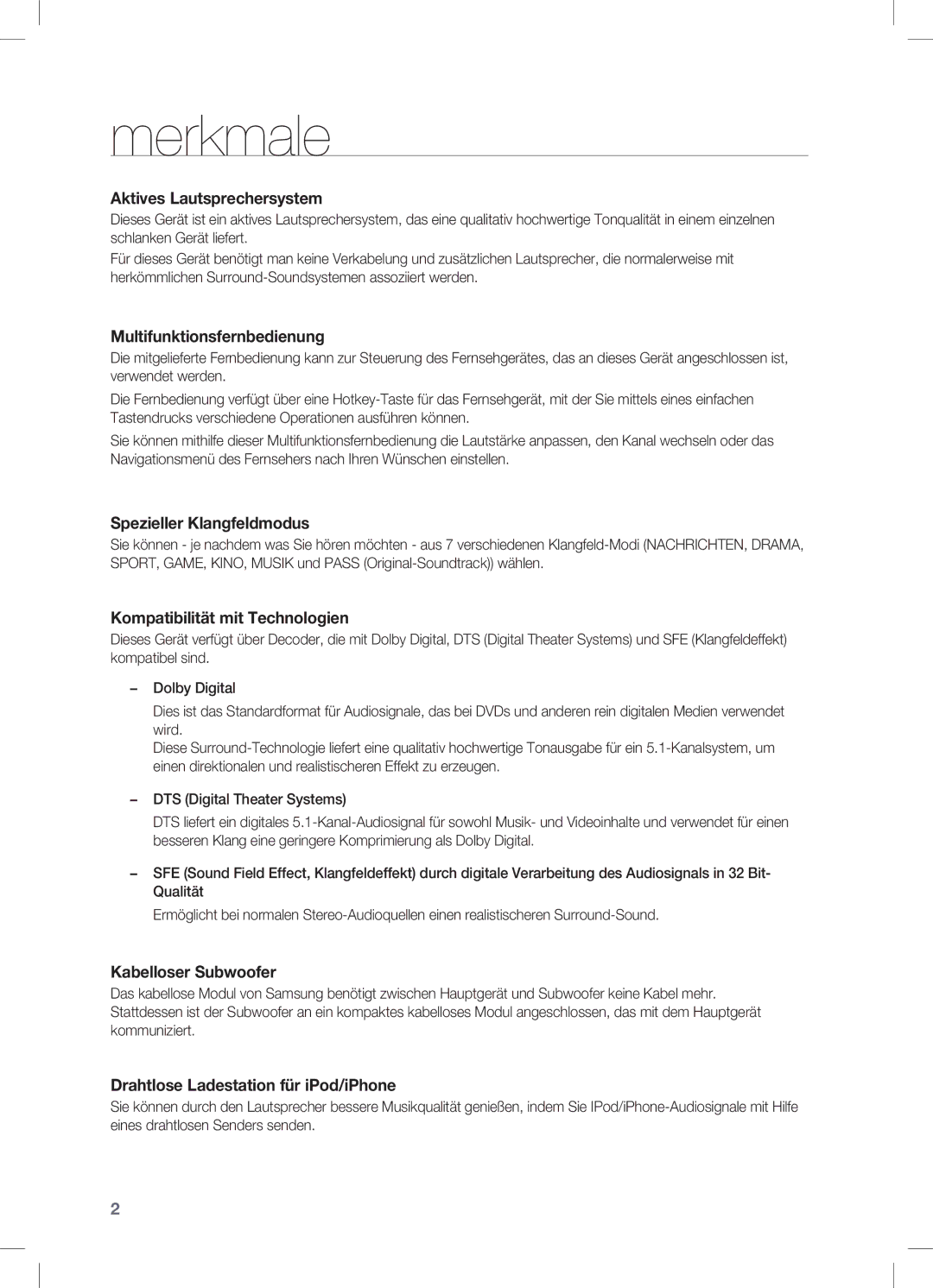 Samsung HW-C470/EDC, HW-C470/XEF manual Merkmale, Aktives Lautsprechersystem 