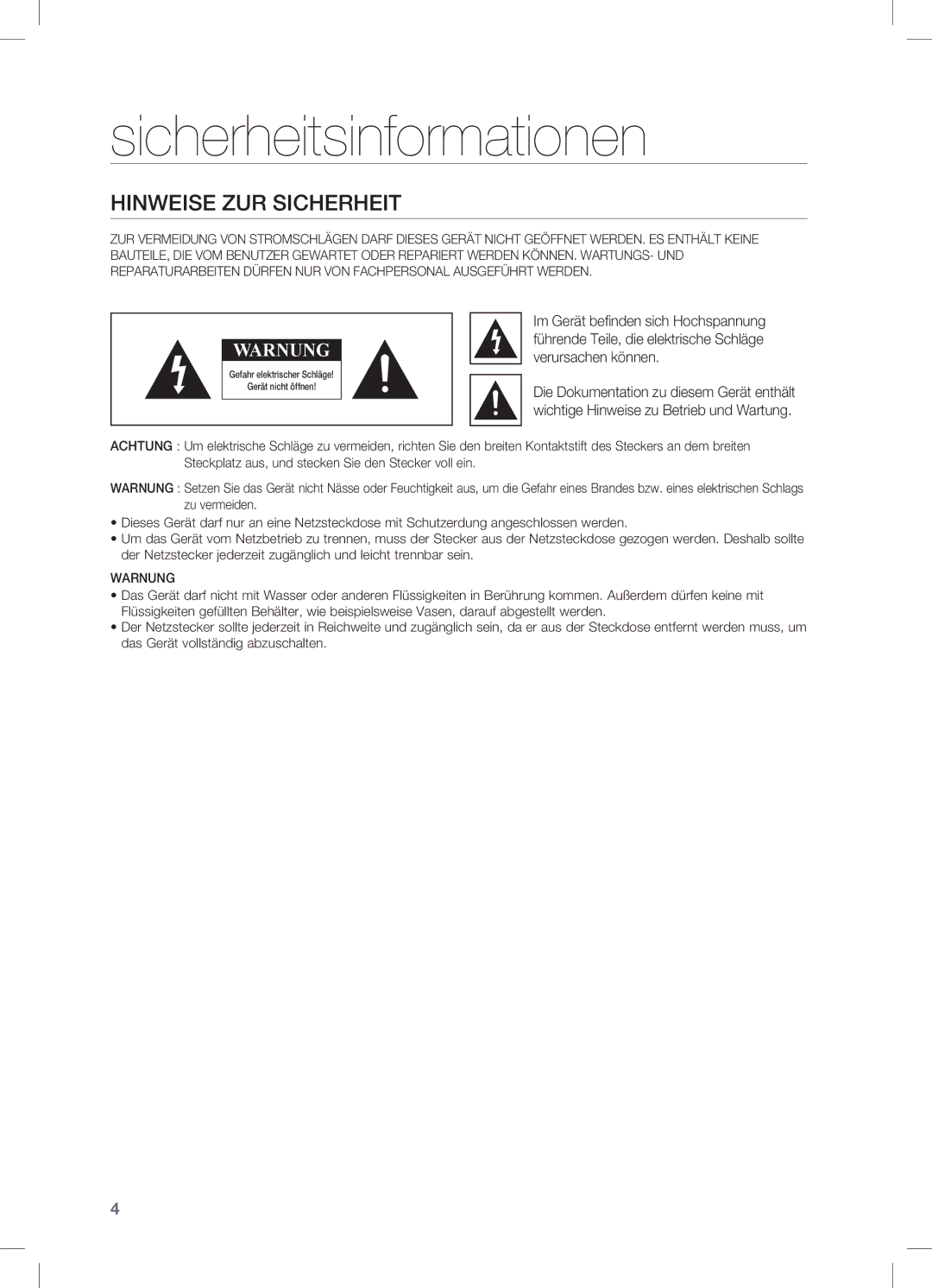 Samsung HW-C470/EDC, HW-C470/XEF manual Sicherheitsinformationen, Hinweise zur Sicherheit 