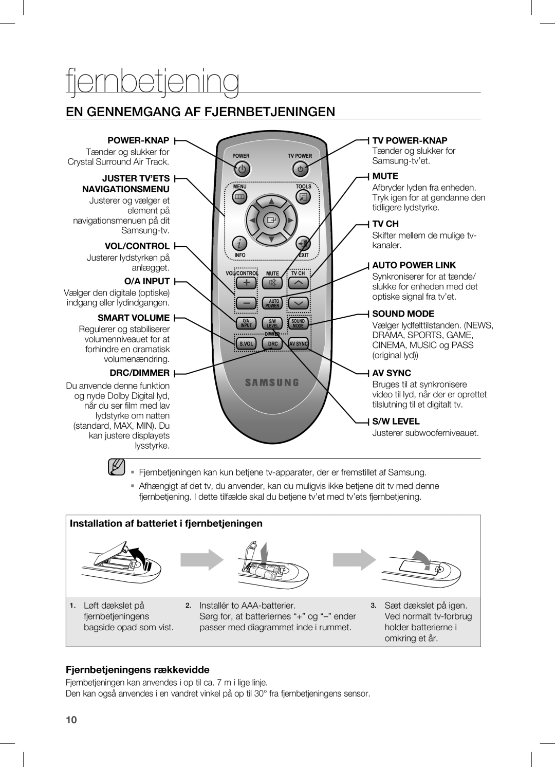 Samsung HW-C470/XEE manual EN Gennemgang AF Fjernbetjeningen, Tænder og slukker for Samsung-tv’et 