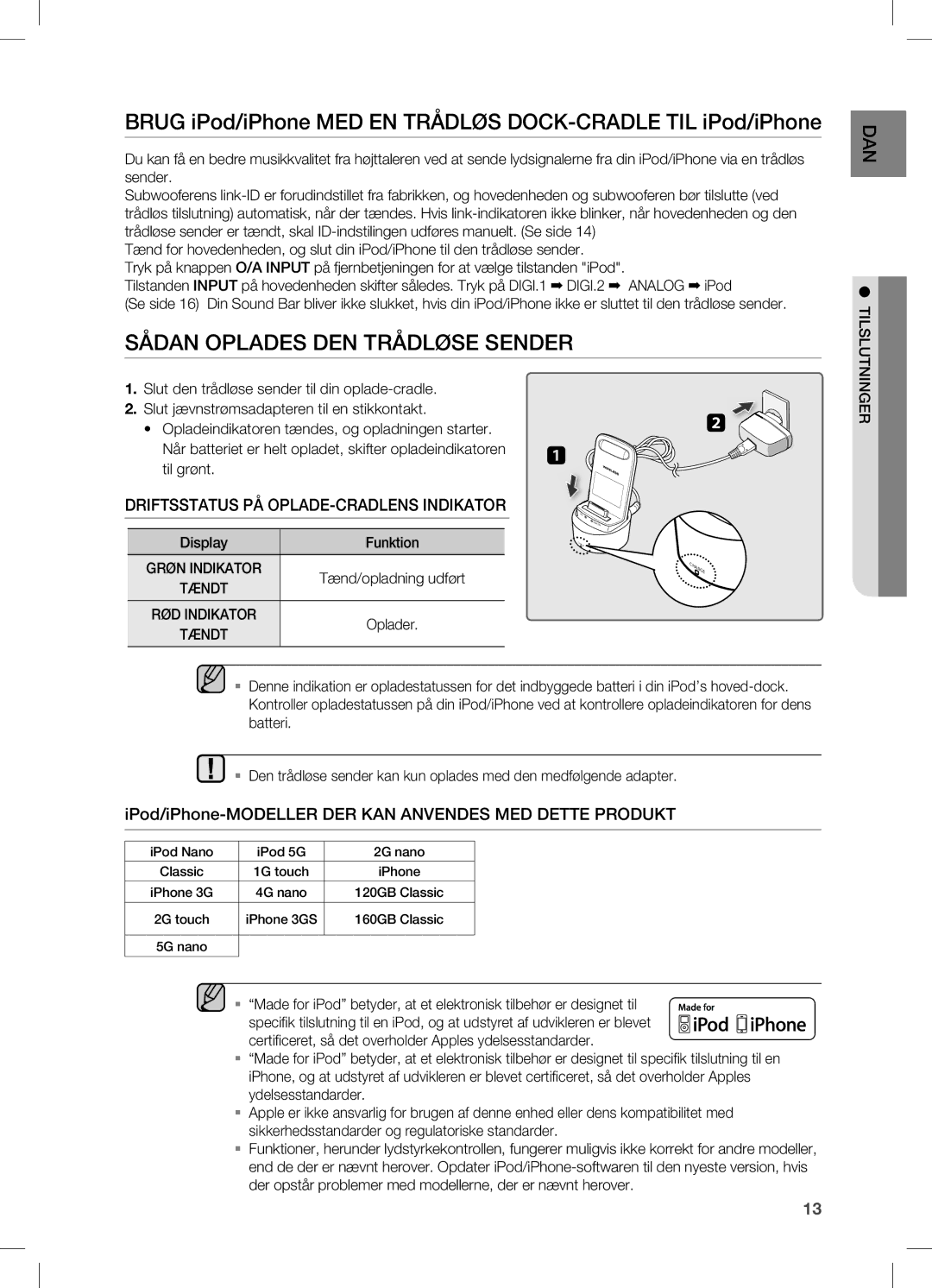 Samsung HW-C470/XEE manual Sådan Oplades DEN Trådløse Sender, IPod/iPhone-MODELLER DER KAN Anvendes MED Dette Produkt 