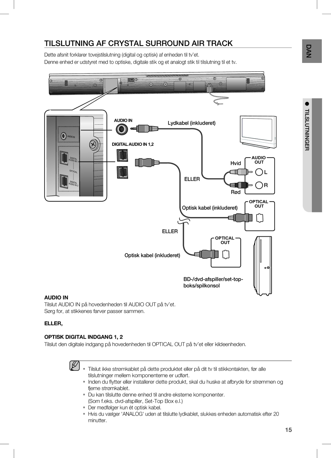 Samsung HW-C470/XEE manual Tilslutning AF Crystal Surround AIR Track, Hvid OUT, RødRed 