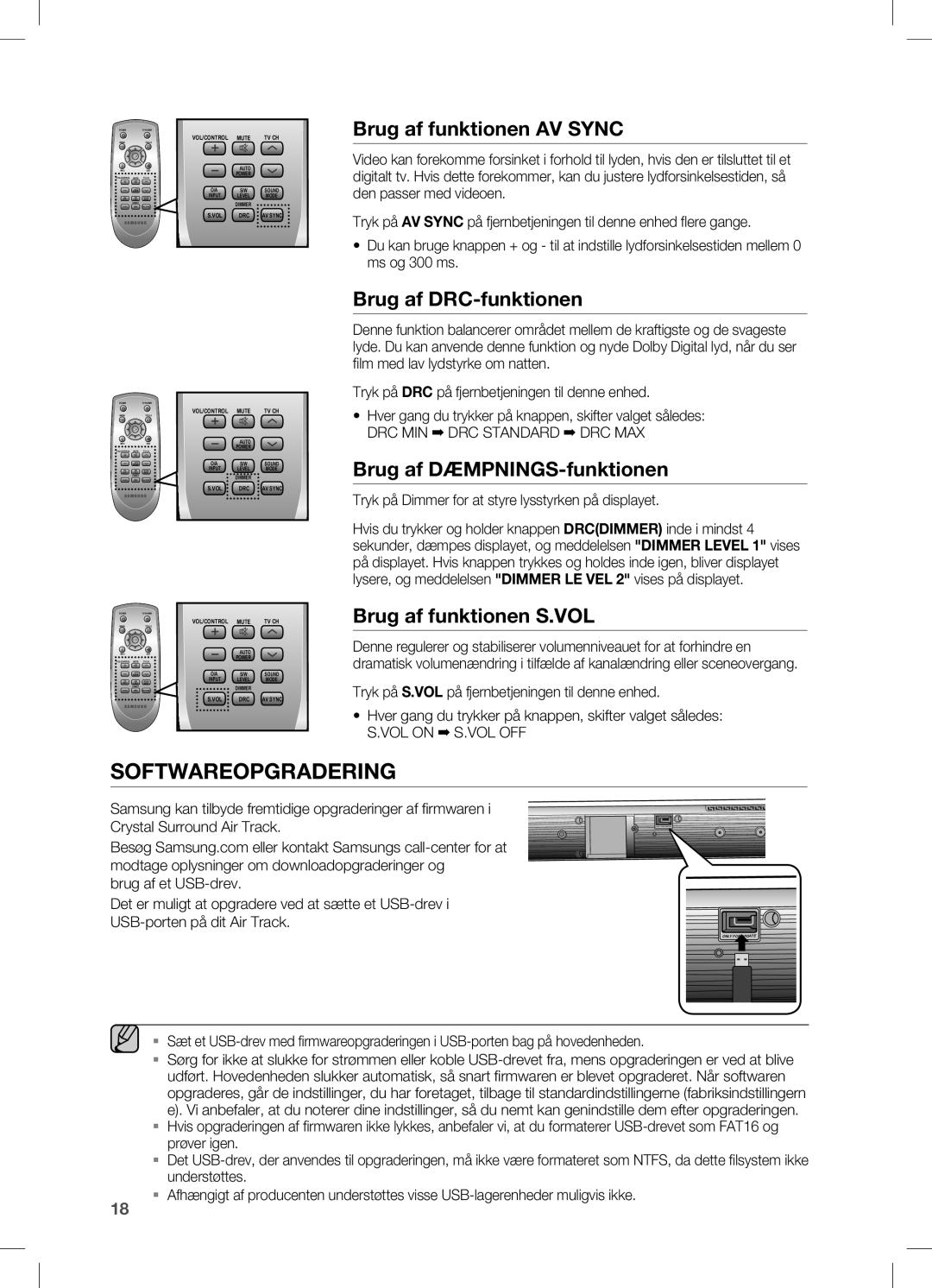 Samsung HW-C470/XEE manual Brug af funktionen AV Sync, Brug af DRC-funktionen, Brug af DÆMPNINGS-funktionen 