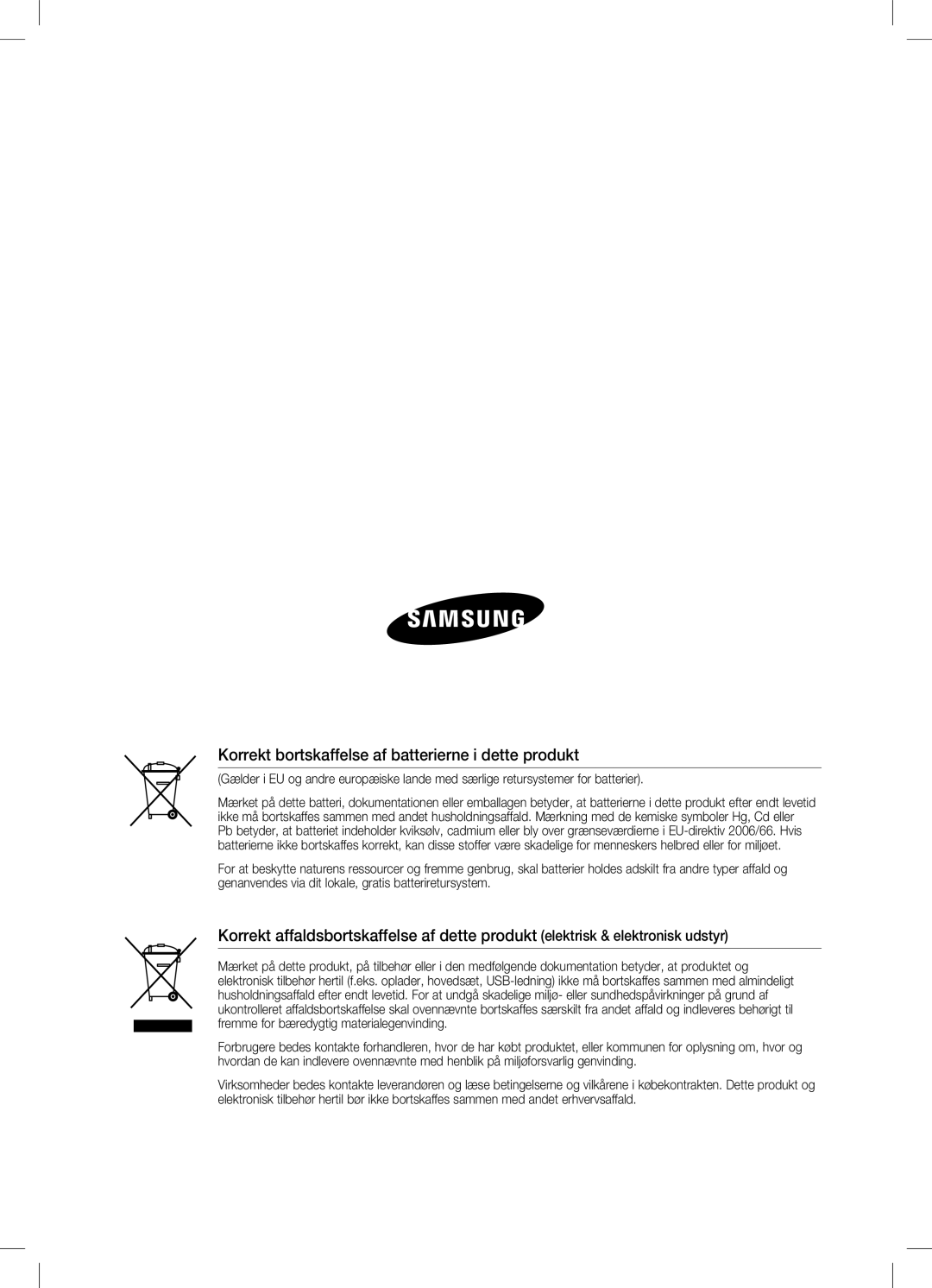 Samsung HW-C470/XEE manual Korrekt bortskaffelse af batterierne i dette produkt 