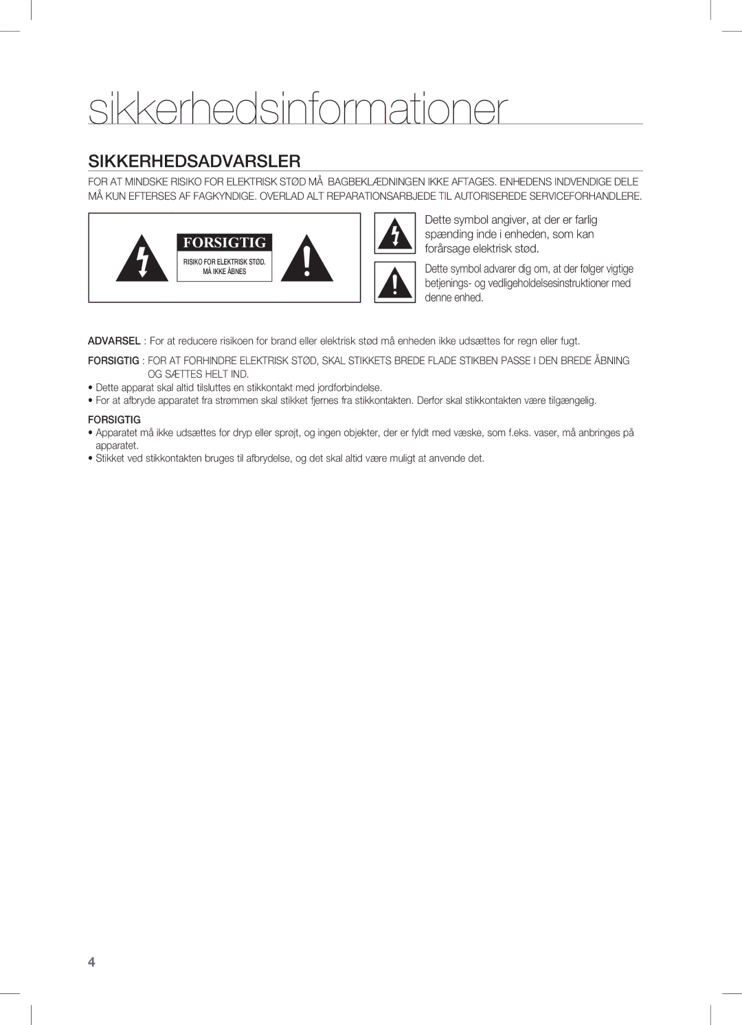 Samsung HW-C470/XEE manual Sikkerhedsinformationer, Sikkerhedsadvarsler 