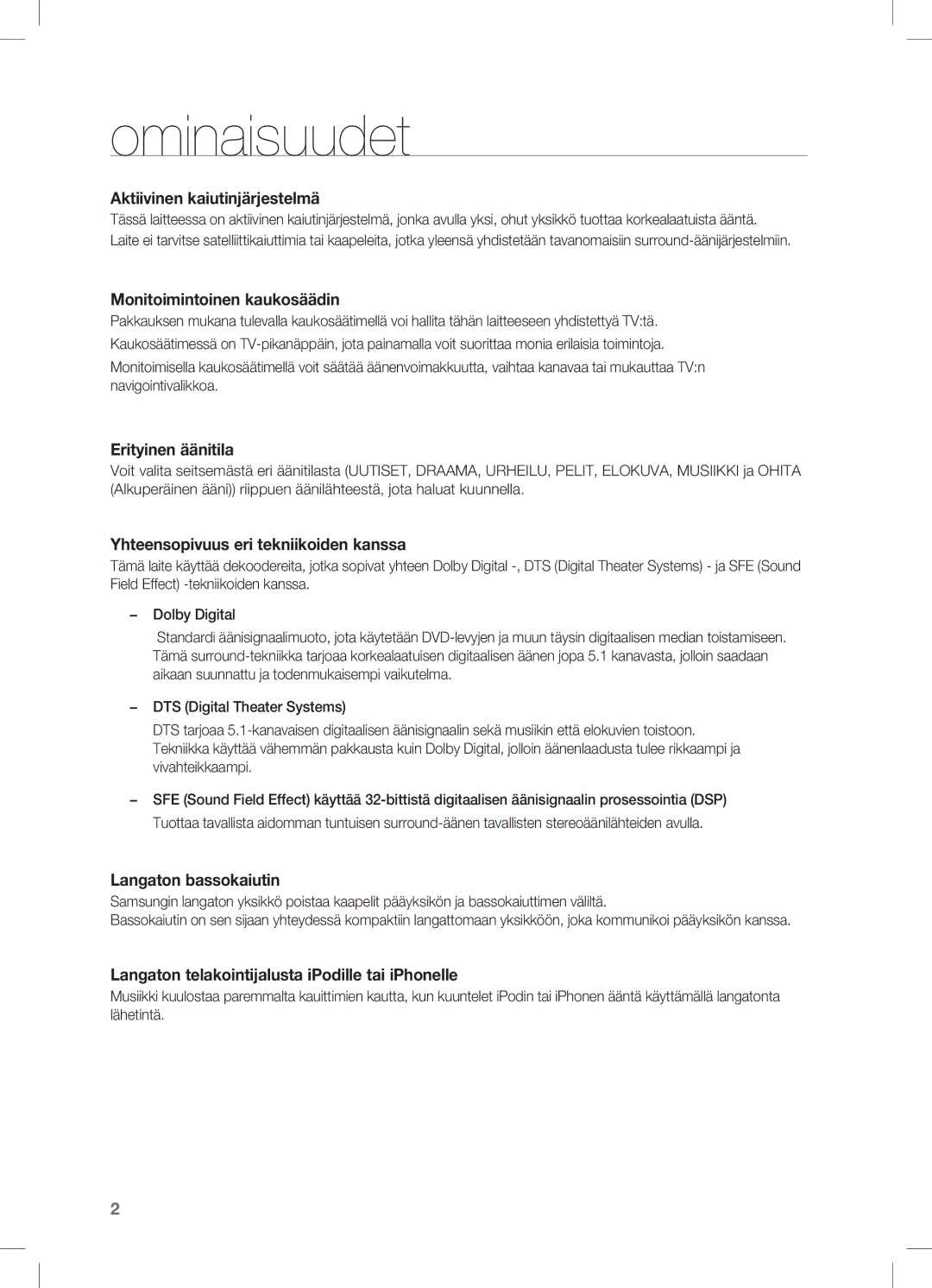 Samsung HW-C470/XEE manual Ominaisuudet, Aktiivinen kaiutinjärjestelmä 