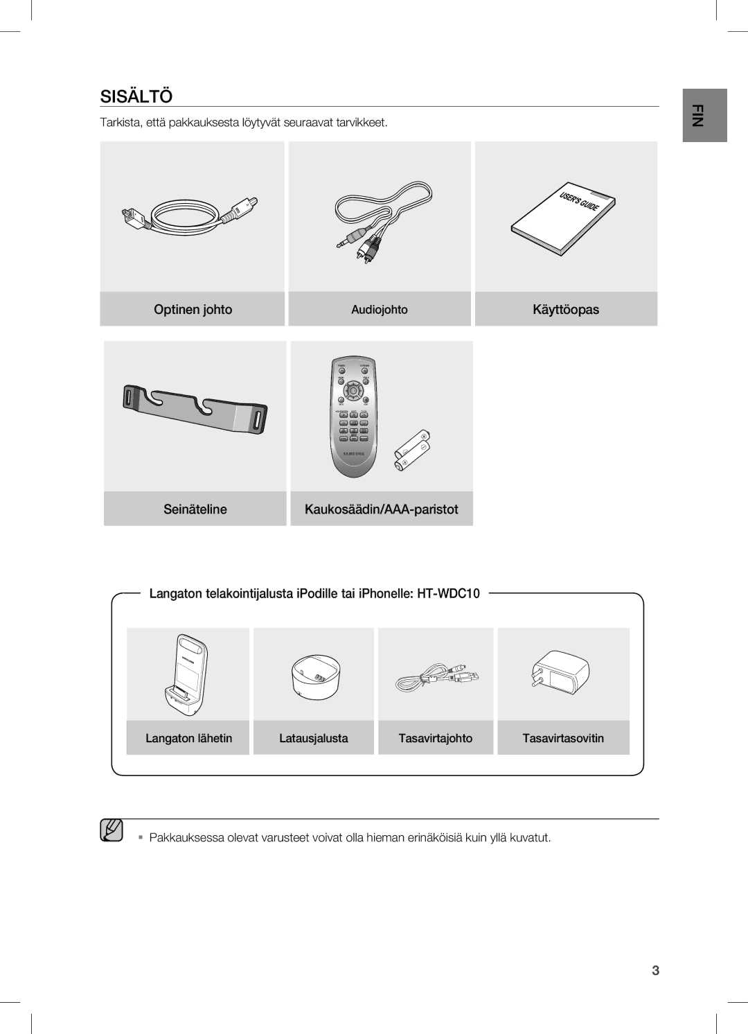 Samsung HW-C470/XEE manual Sisältö, Tarkista, että pakkauksesta löytyvät seuraavat tarvikkeet 