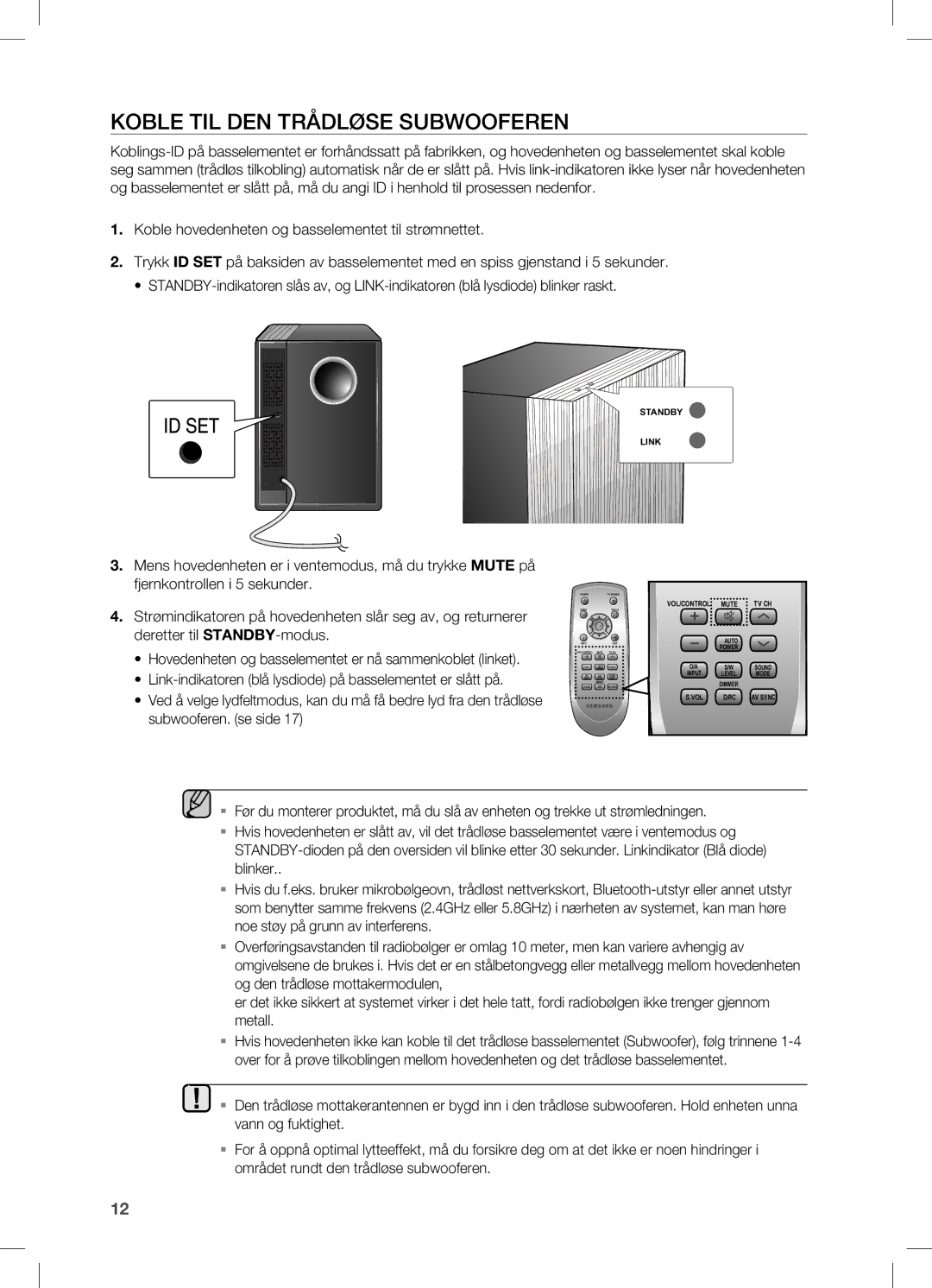 Samsung HW-C470/XEE manual Koble TIL DEN Trådløse Subwooferen 