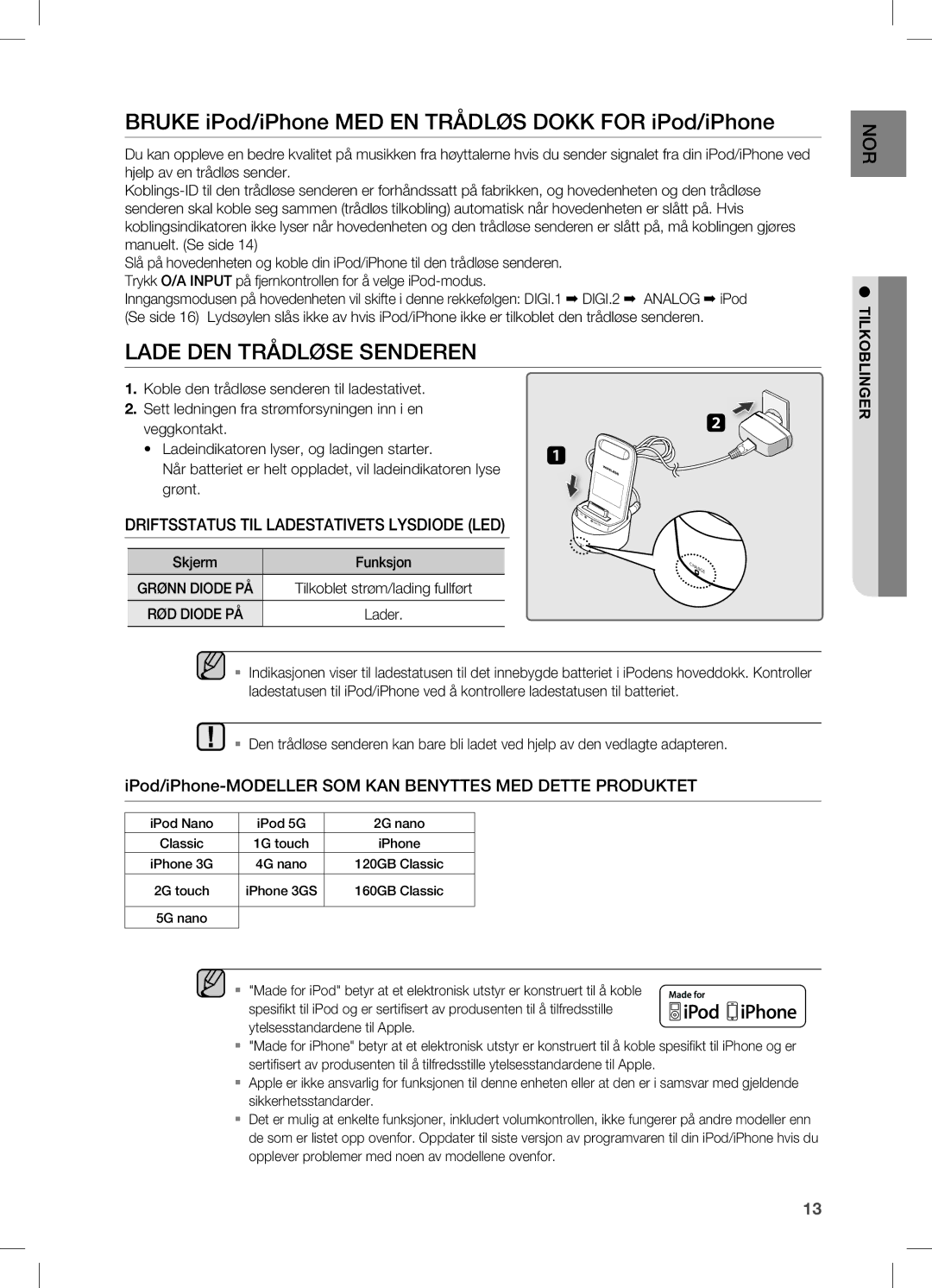 Samsung HW-C470/XEE manual Lade DEN Trådløse Senderen, IPod/iPhone-mODELLER SOm KAN Benyttes mED Dette Produktet 