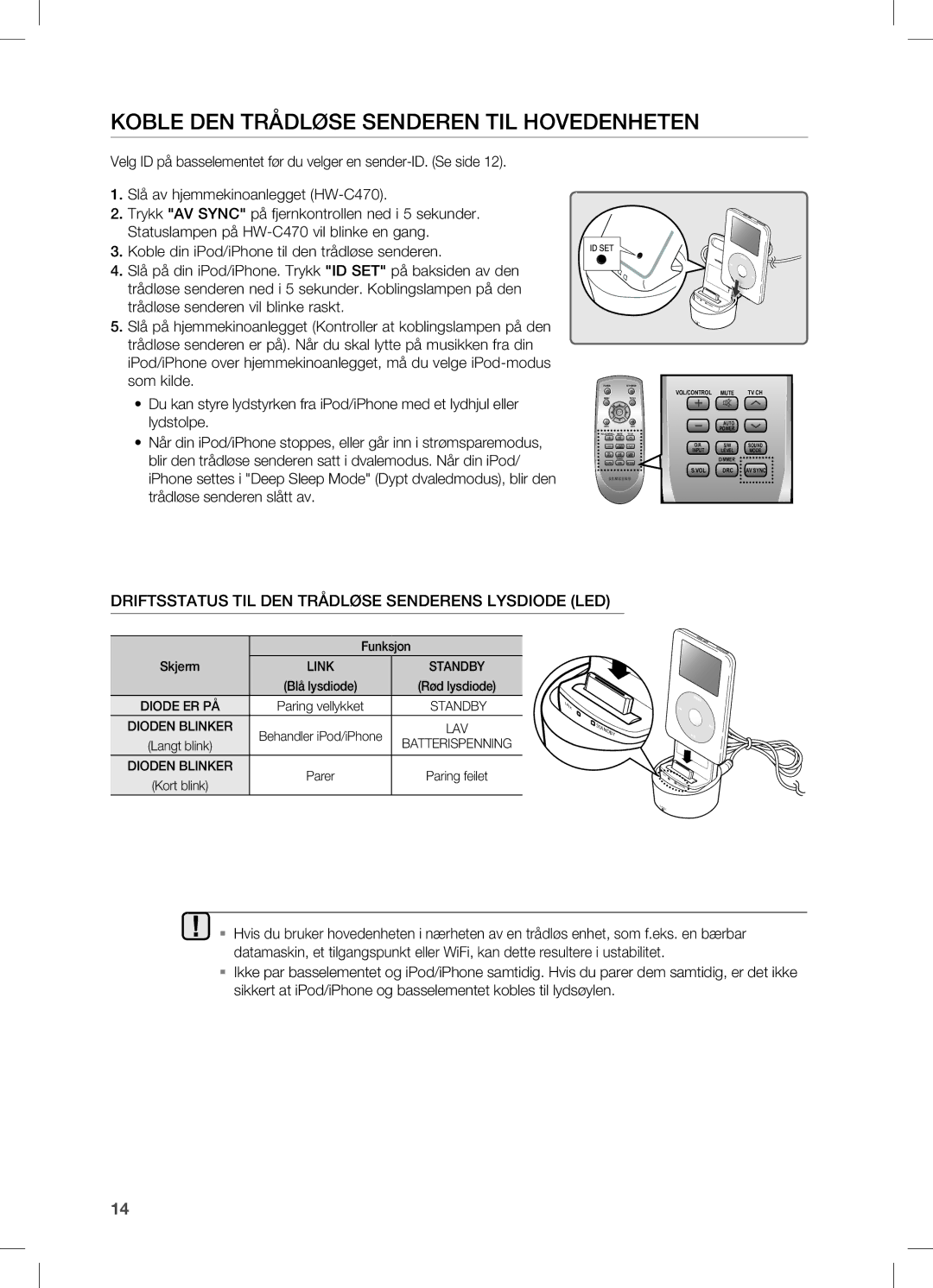 Samsung HW-C470/XEE manual Koble DEN Trådløse Senderen TIL Hovedenheten, Auto 