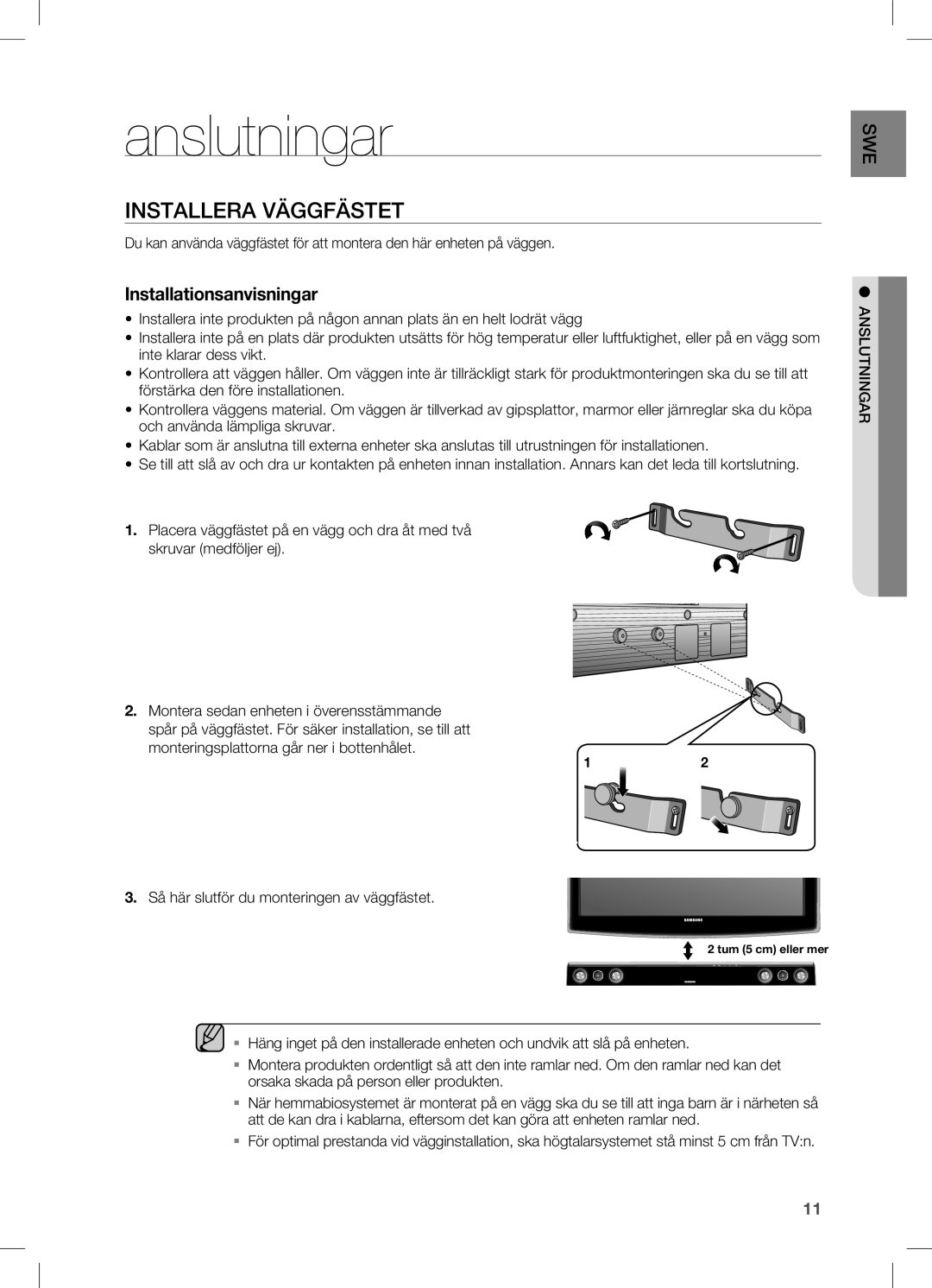 Samsung HW-C470/XEE manual Anslutningar, Installera Väggfästet 