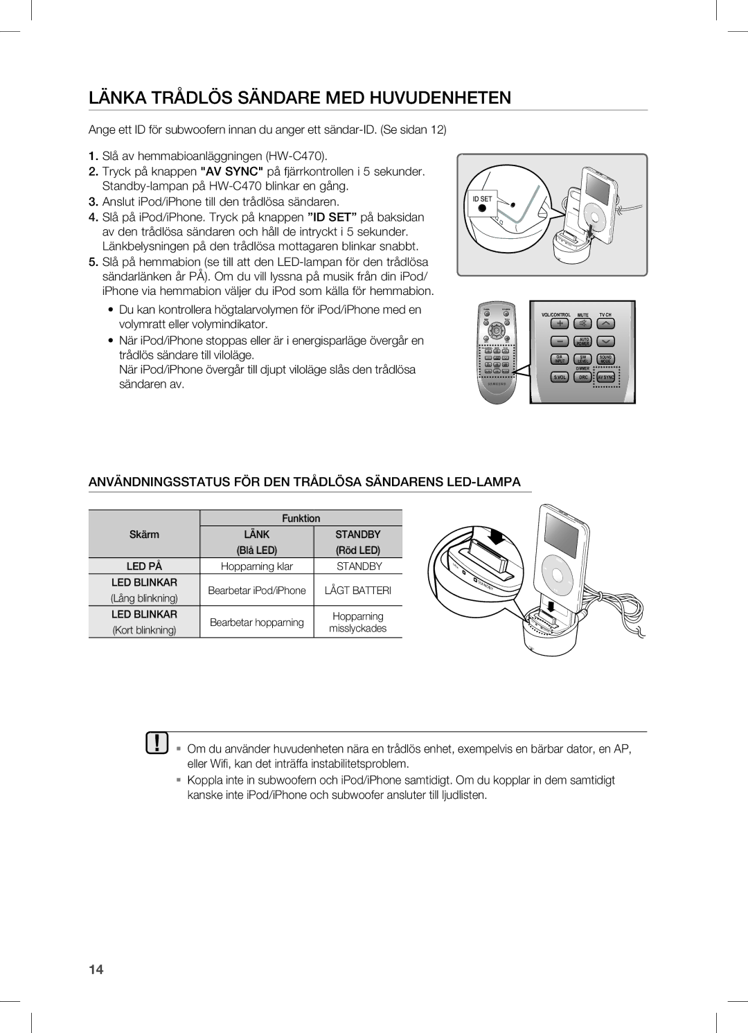 Samsung HW-C470/XEE manual Användningsstatus FÖR DEN Trådlösa Sändarens LED-LAmPA, Funktion Skärm 