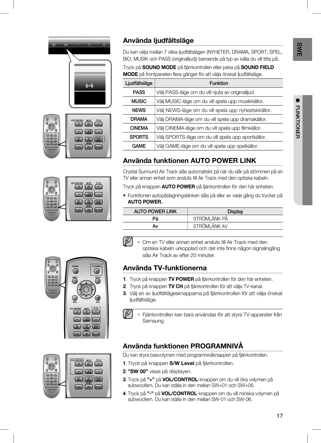 Samsung HW-C470/XEE manual Använda ljudfältsläge, Använda funktionen Auto Power Link, Använda TV-funktionerna 