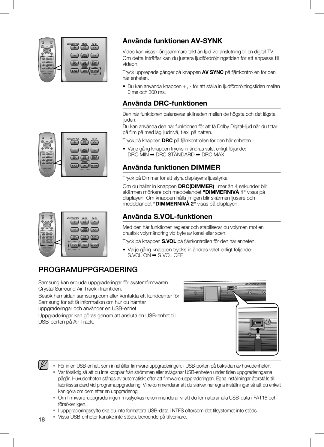 Samsung HW-C470/XEE Programuppgradering, Använda funktionen AV-SYNK, Använda DRC-funktionen, Använda funktionen Dimmer 