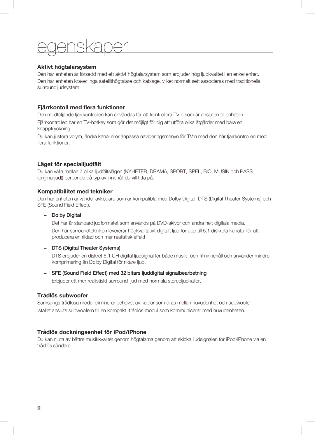 Samsung HW-C470/XEE manual Egenskaper, Aktivt högtalarsystem 