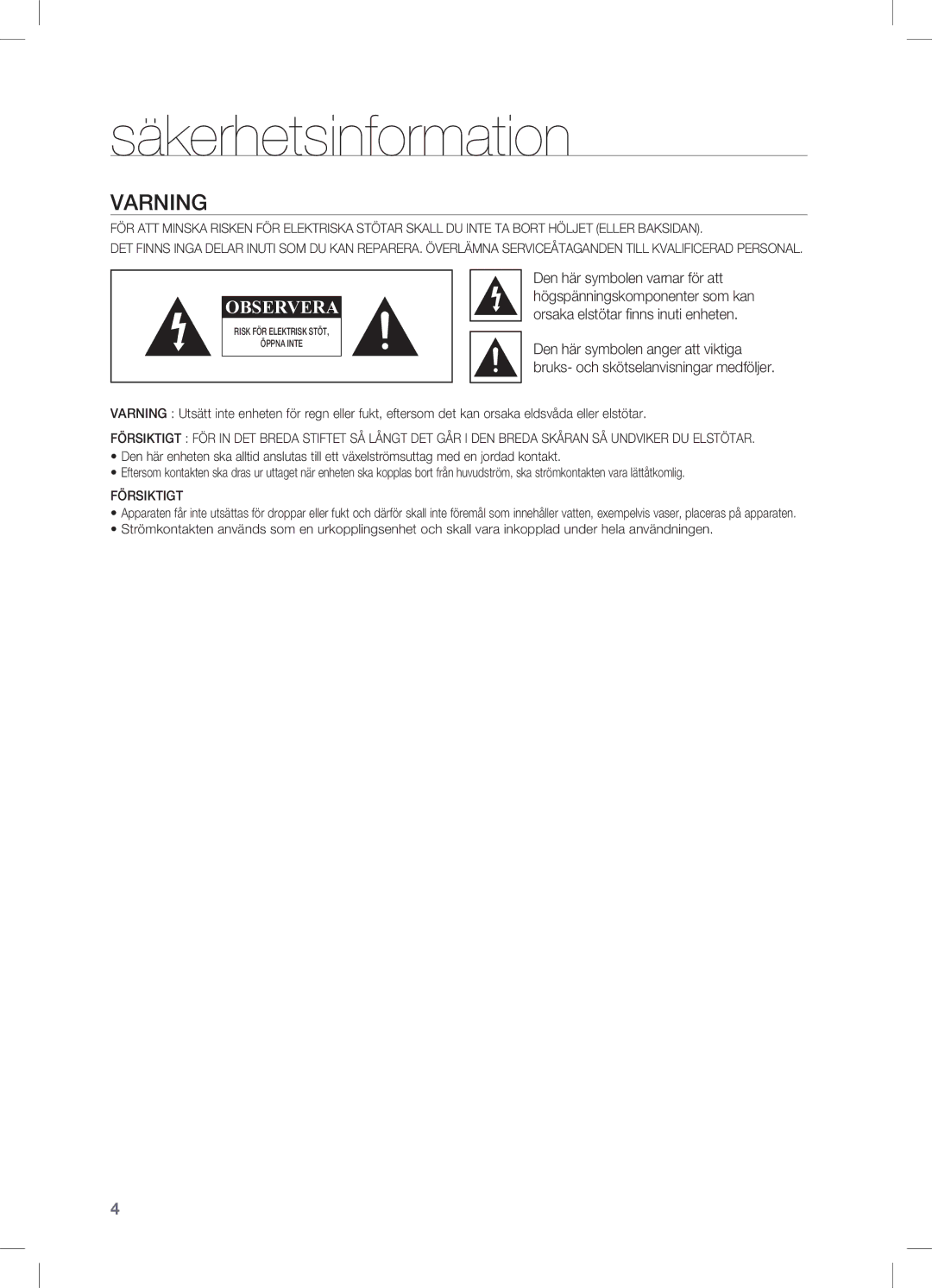 Samsung HW-C470/XEE manual Säkerhetsinformation, Varning 