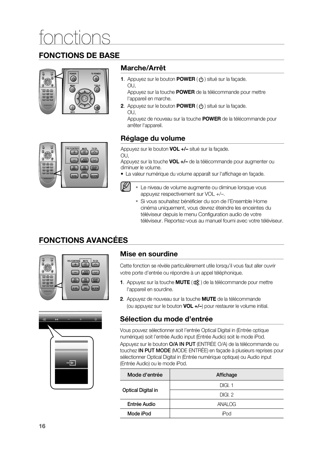 Samsung HW-C470/XEF manual Fonctions, Marche/Arrêt, Réglage du volume, Mise en sourdine, Sélection du mode d’entrée 